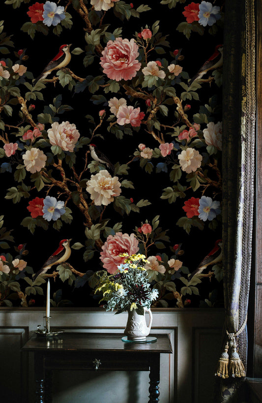 Luxurious Botanical Bird and Flower Wallpaper
