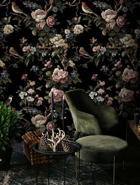 Elegant Floral and Bird Botanical Wallpaper Dark Background
