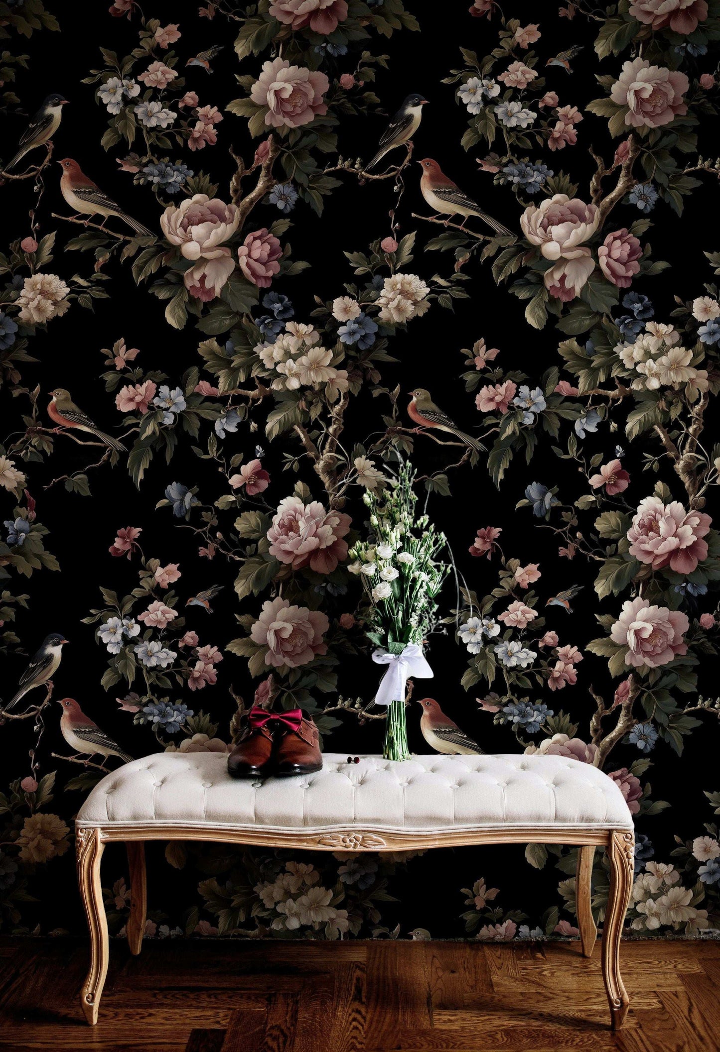 Elegant Floral and Bird Botanical Wallpaper Dark Background Luxurious Garden Design