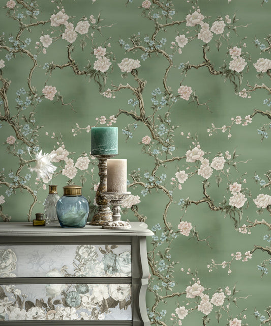Chinoiserie Floral Wallpaper Green Background