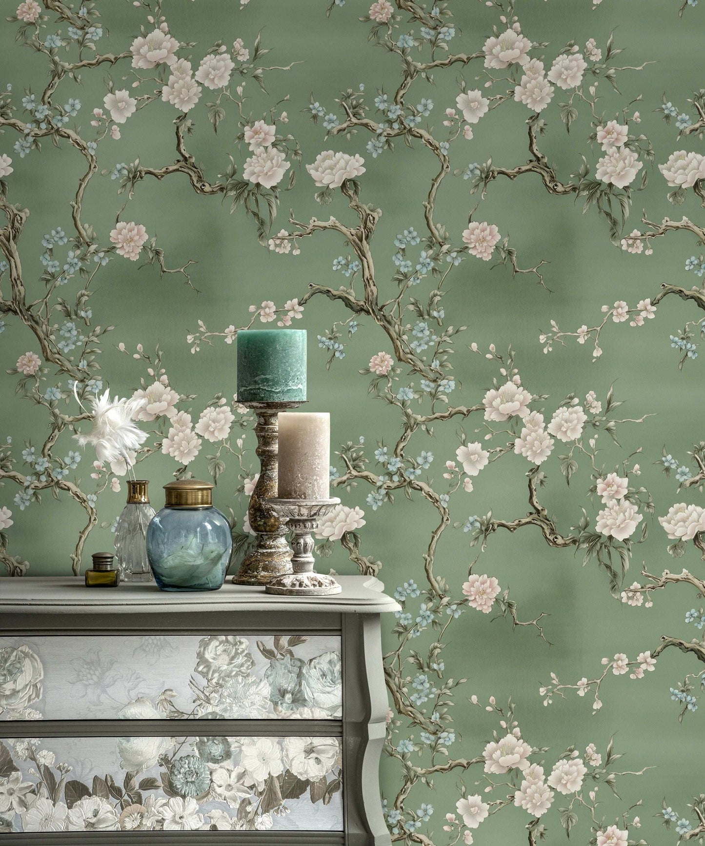 Chinoiserie Floral Wallpaper Green Background Blossom and Branch Design Peel and Stick Roll