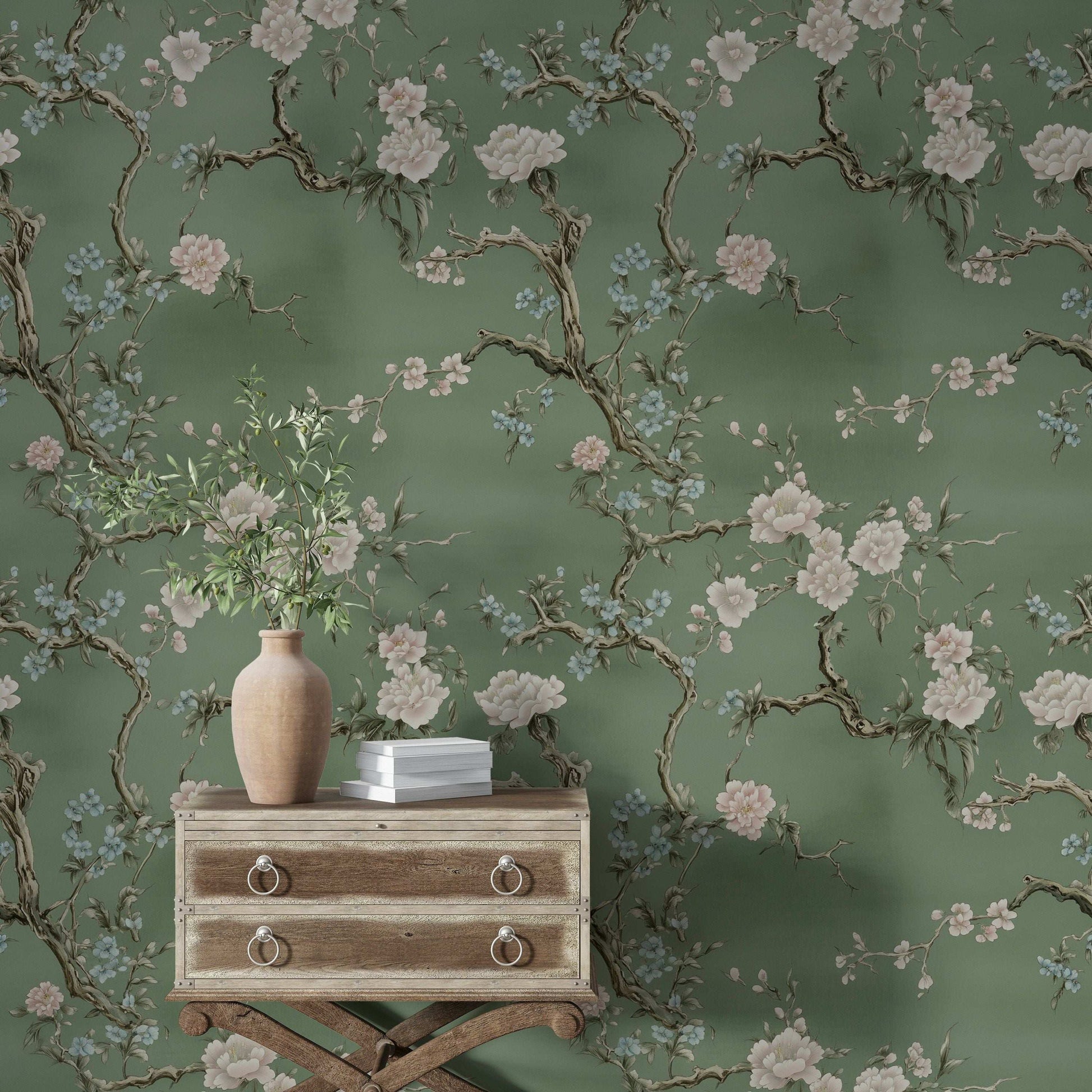 Chinoiserie Floral Wallpaper Green Background Blossom and Branch Design Peel and Stick Roll