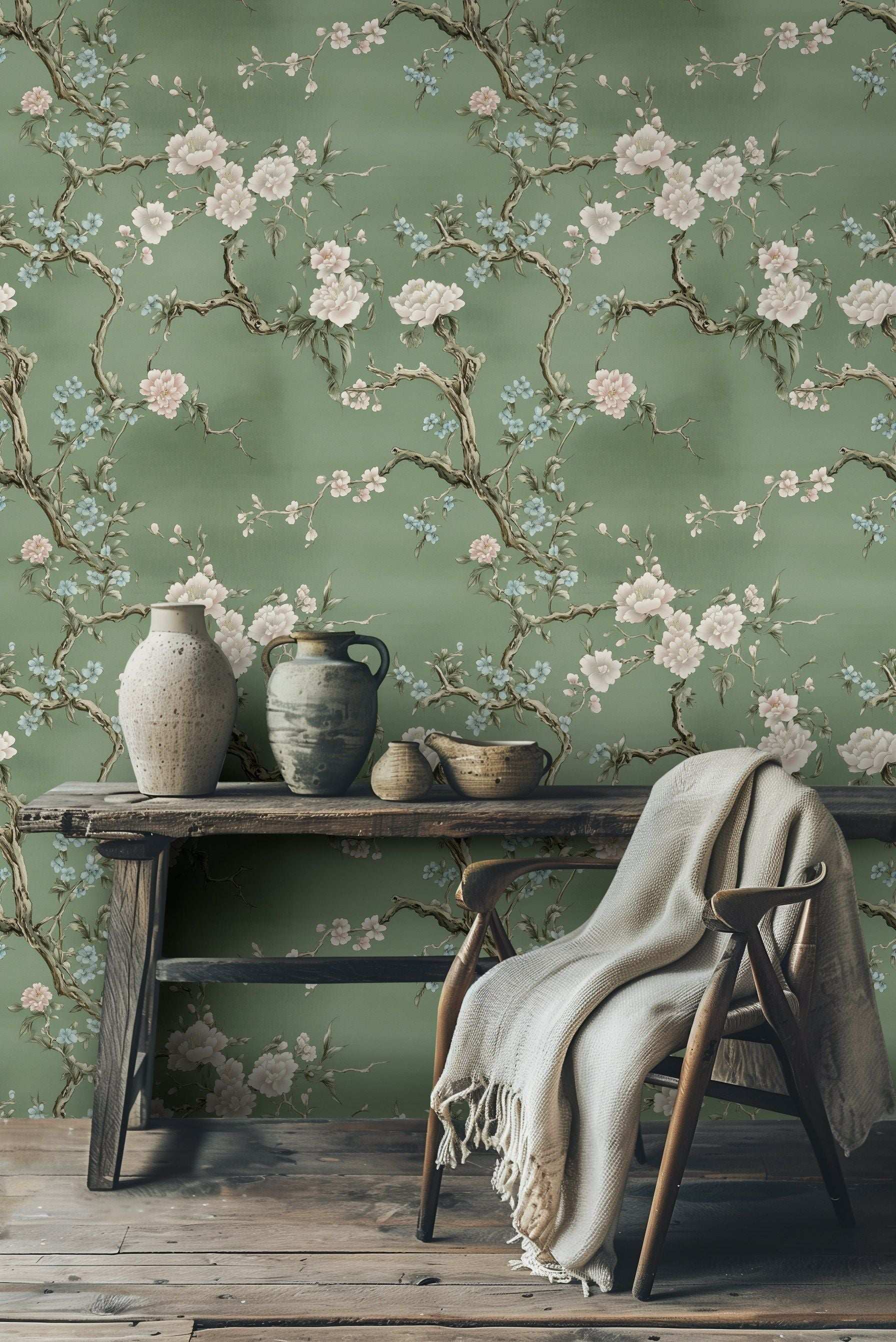 Chinoiserie Floral Wallpaper Green Background Blossom and Branch Design Peel and Stick Roll