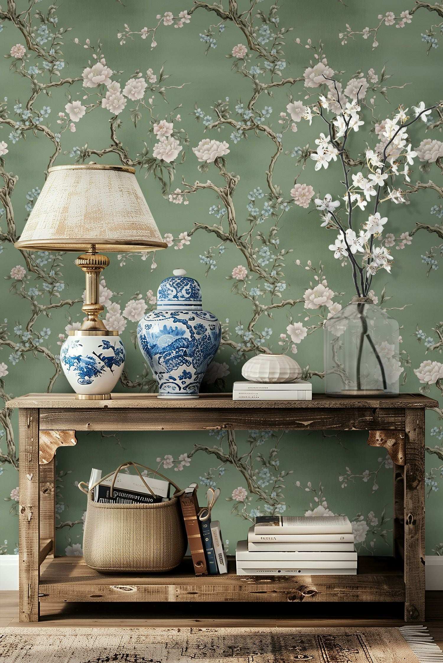 Chinoiserie Floral Wallpaper Green Background Blossom and Branch Design Peel and Stick Roll