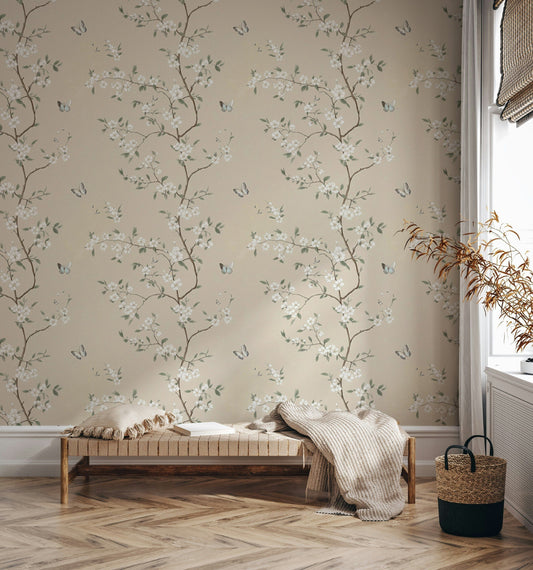 Delicate Floral Wallpaper with Butterflies Blossom Design