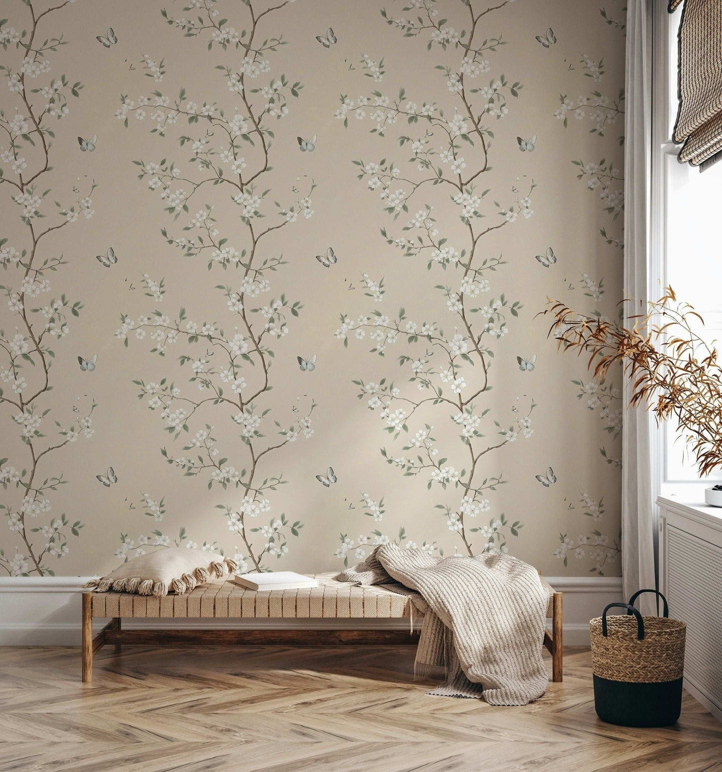 Delicate Floral Wallpaper with Butterflies Minimalist Blossom Design