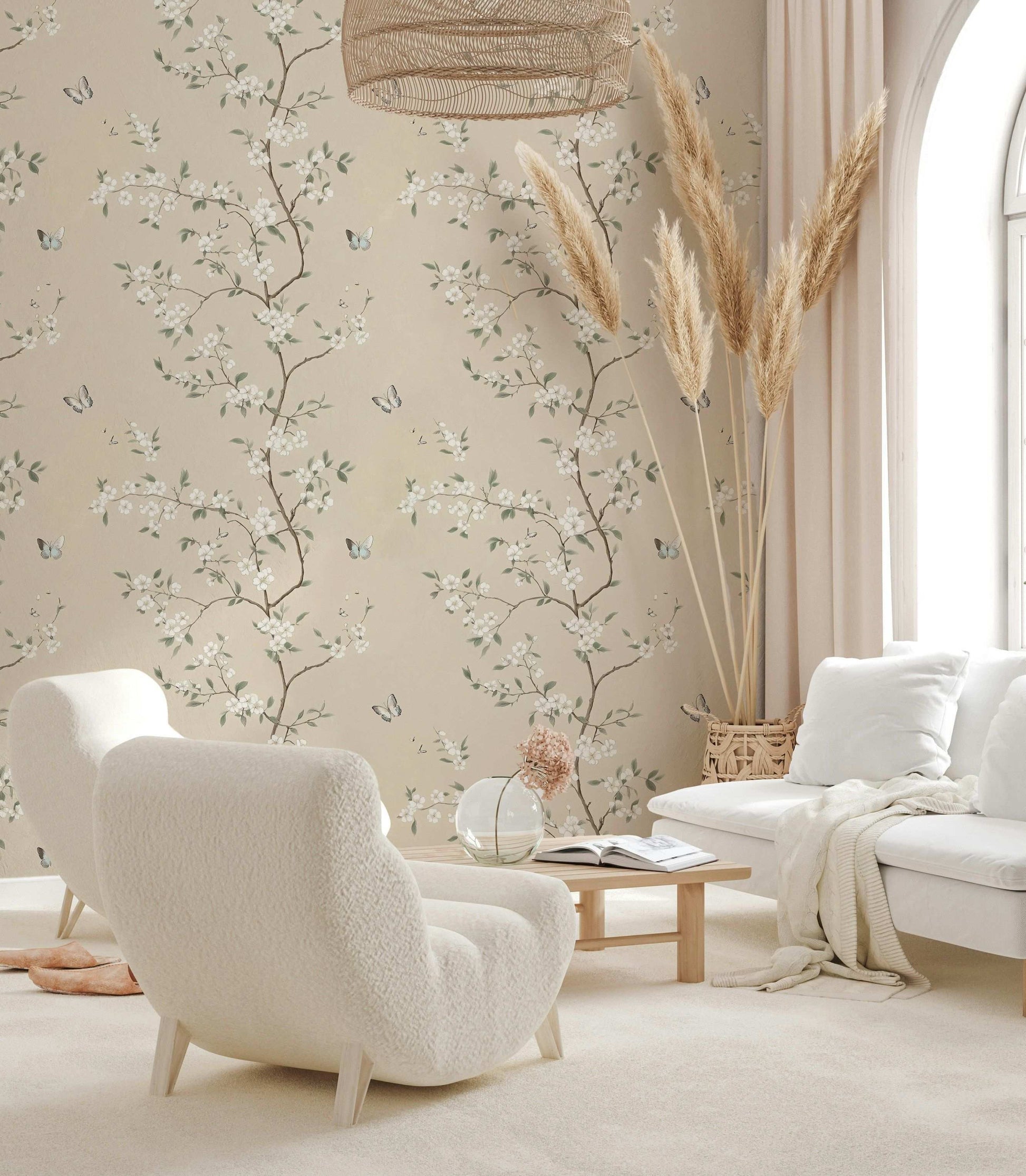 Delicate Floral Wallpaper with Butterflies Minimalist Blossom Design