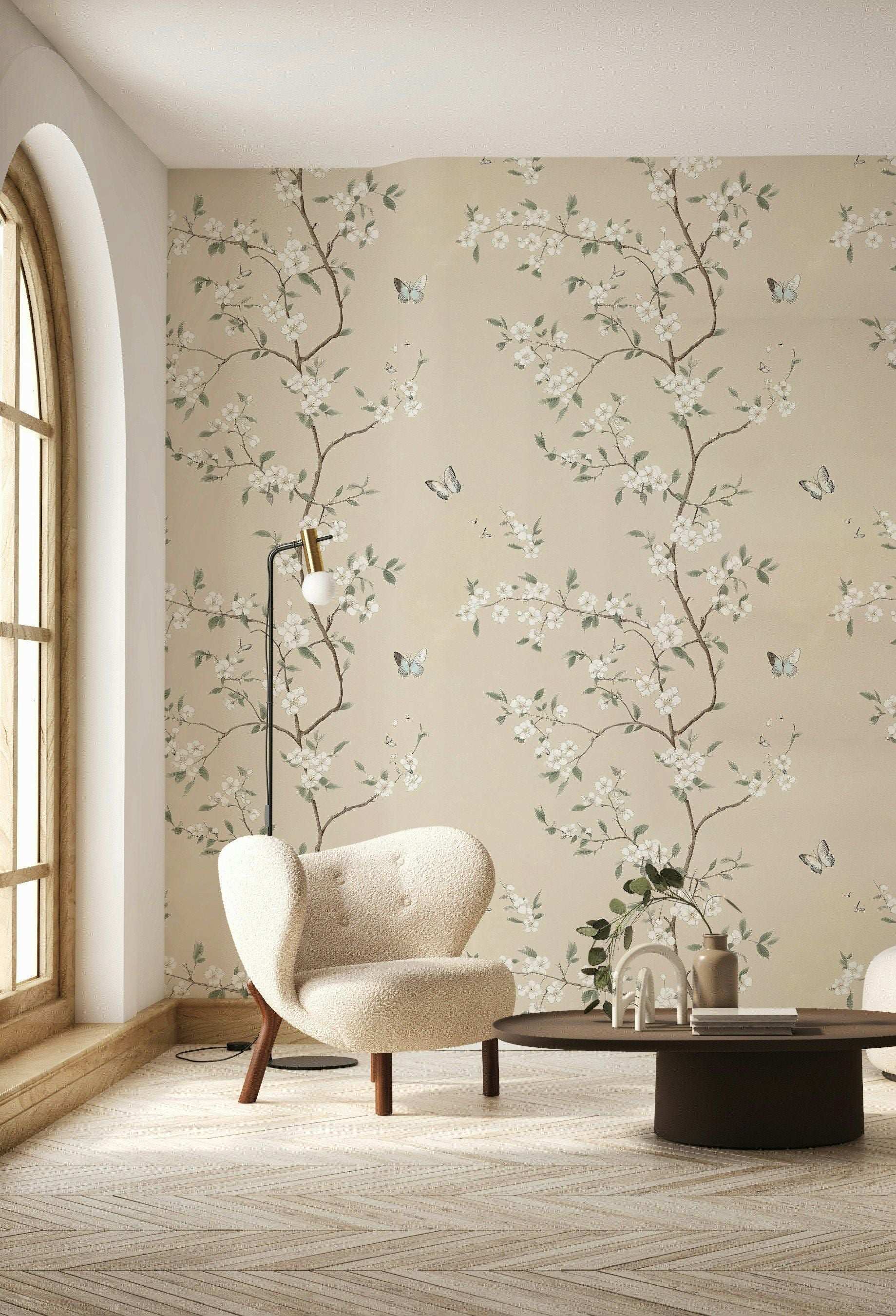 Delicate Floral Wallpaper with Butterflies Minimalist Blossom Design