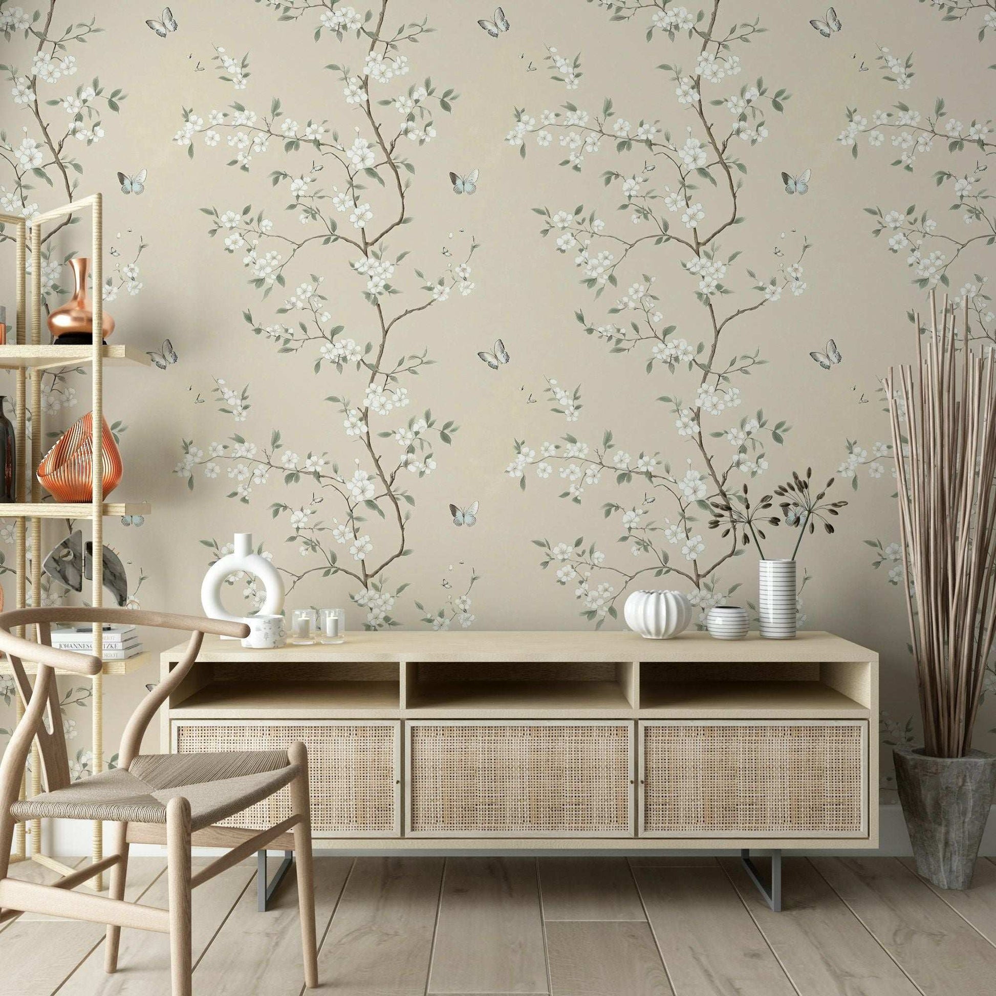 Delicate Floral Wallpaper with Butterflies Minimalist Blossom Design