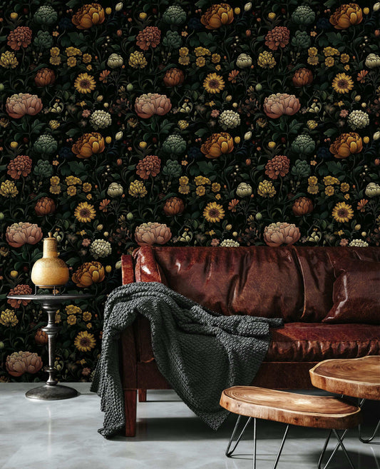 Dark Floral Botanical Wallpaper Mural Intricate Blossoms in Deep Rich Color Elegant Wall Decor