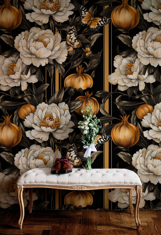 Elegant Art Deco Peony Floral Wallpaper