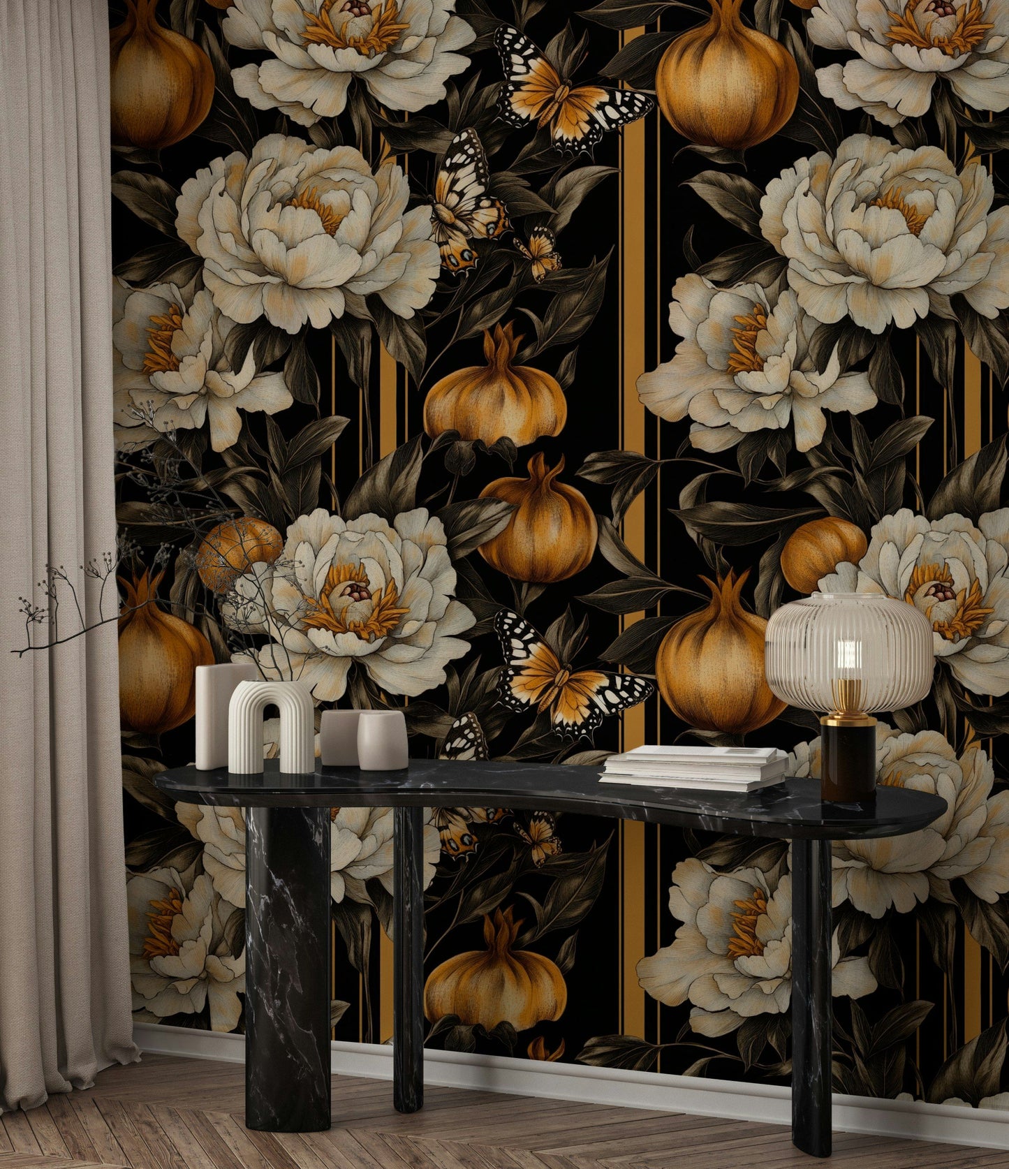 Elegant Art Deco Peony Floral Wallpaper
