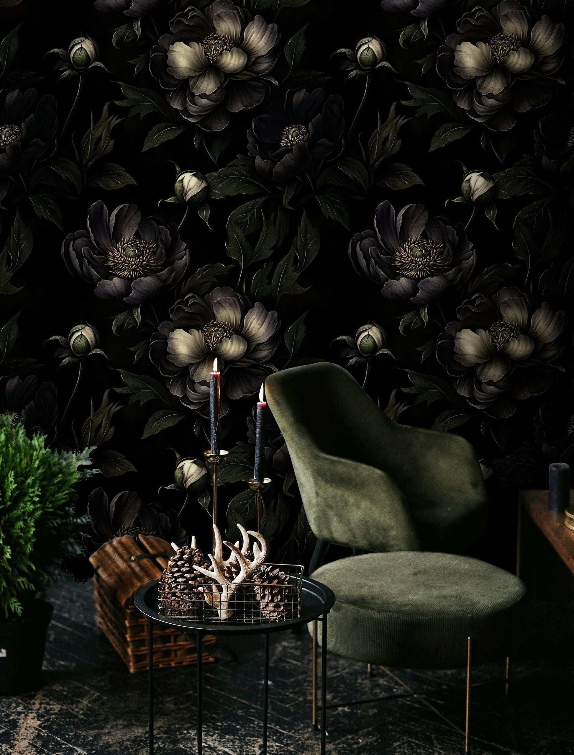 Dark Floral Noir Wallpaper with Moody Peony Blooms Elegant Botanical Design Sophisticated Wall Mural