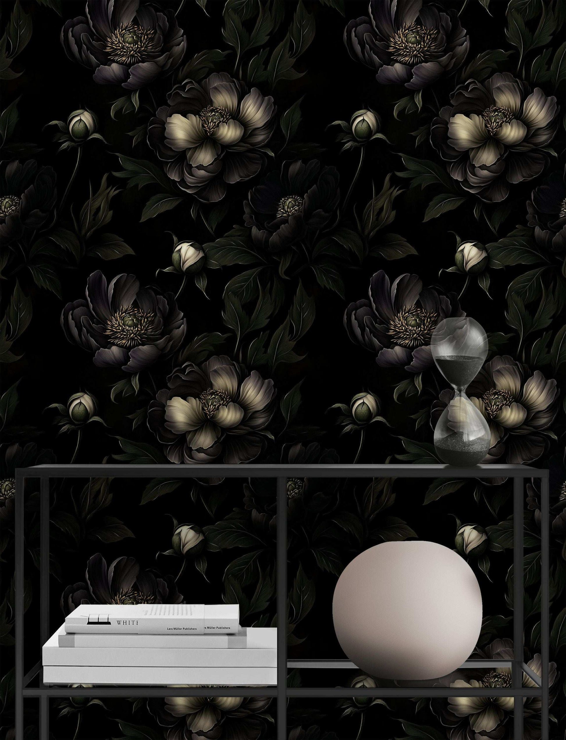 Dark Floral Noir Wallpaper with Moody Peony Blooms Elegant Botanical Design Sophisticated Wall Mural