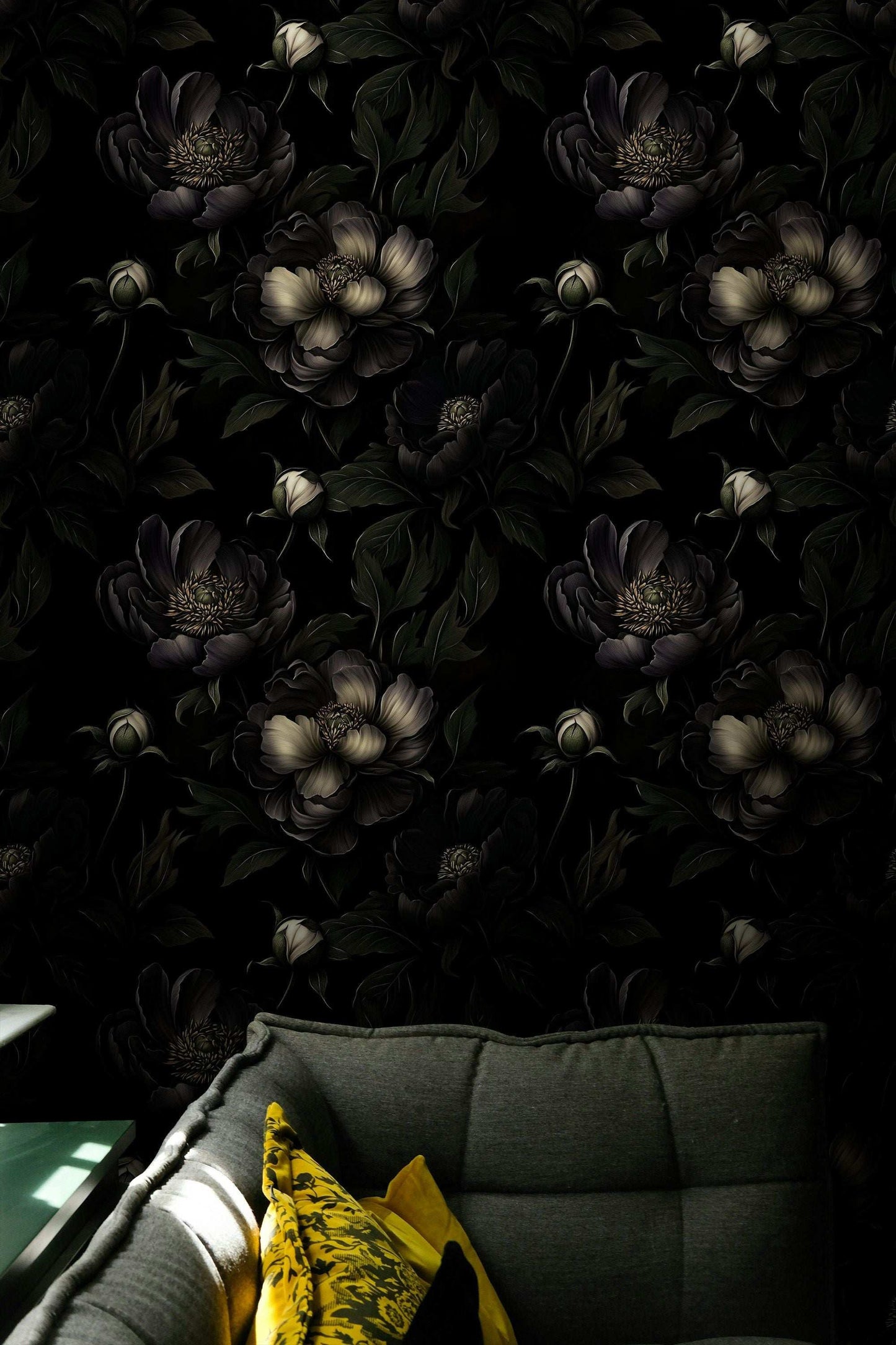 Dark Floral Noir Wallpaper with Moody Peony Blooms Elegant Botanical Design Sophisticated Wall Mural