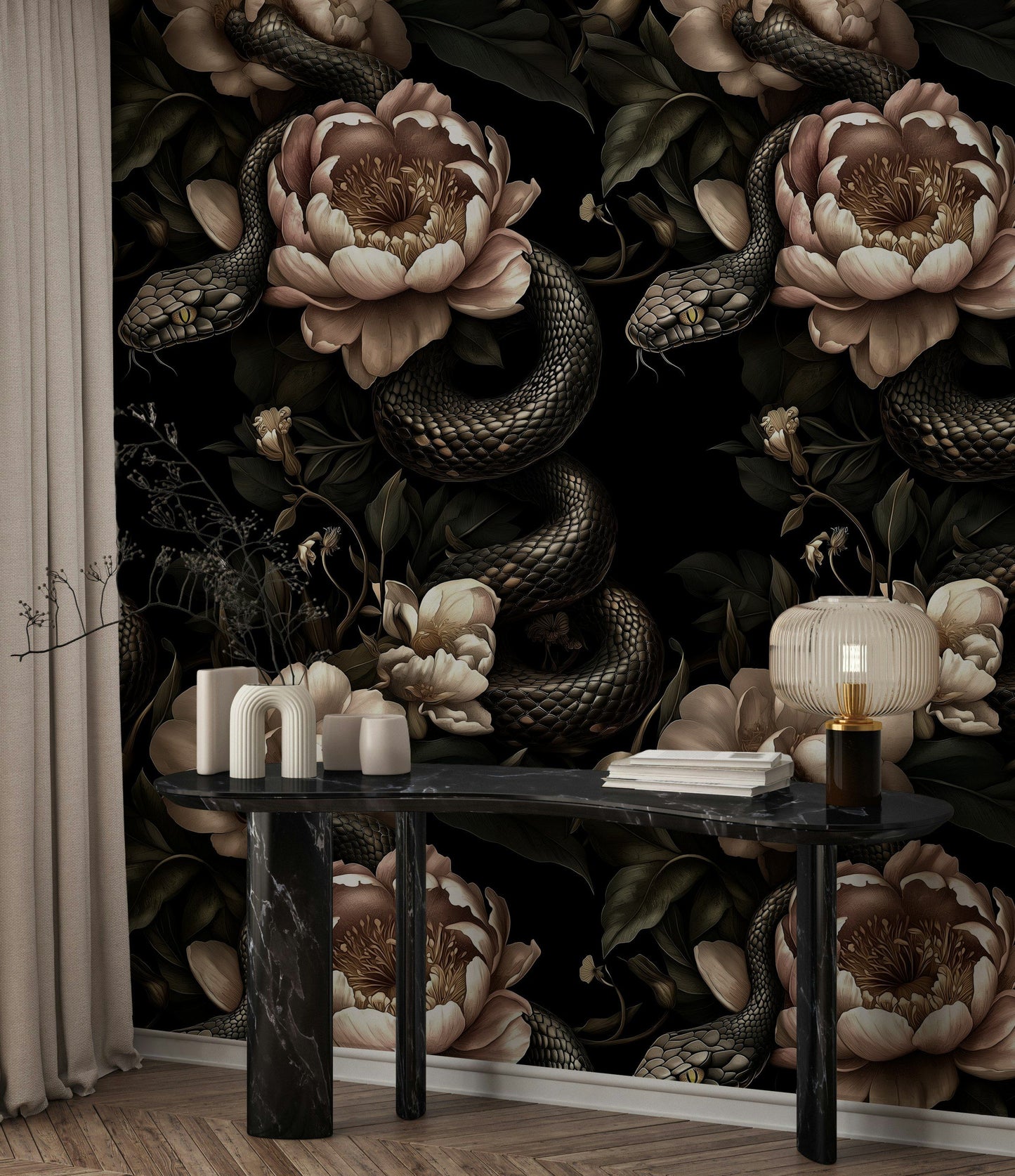 Dark Botanical Wallpaper with Serpentine Design