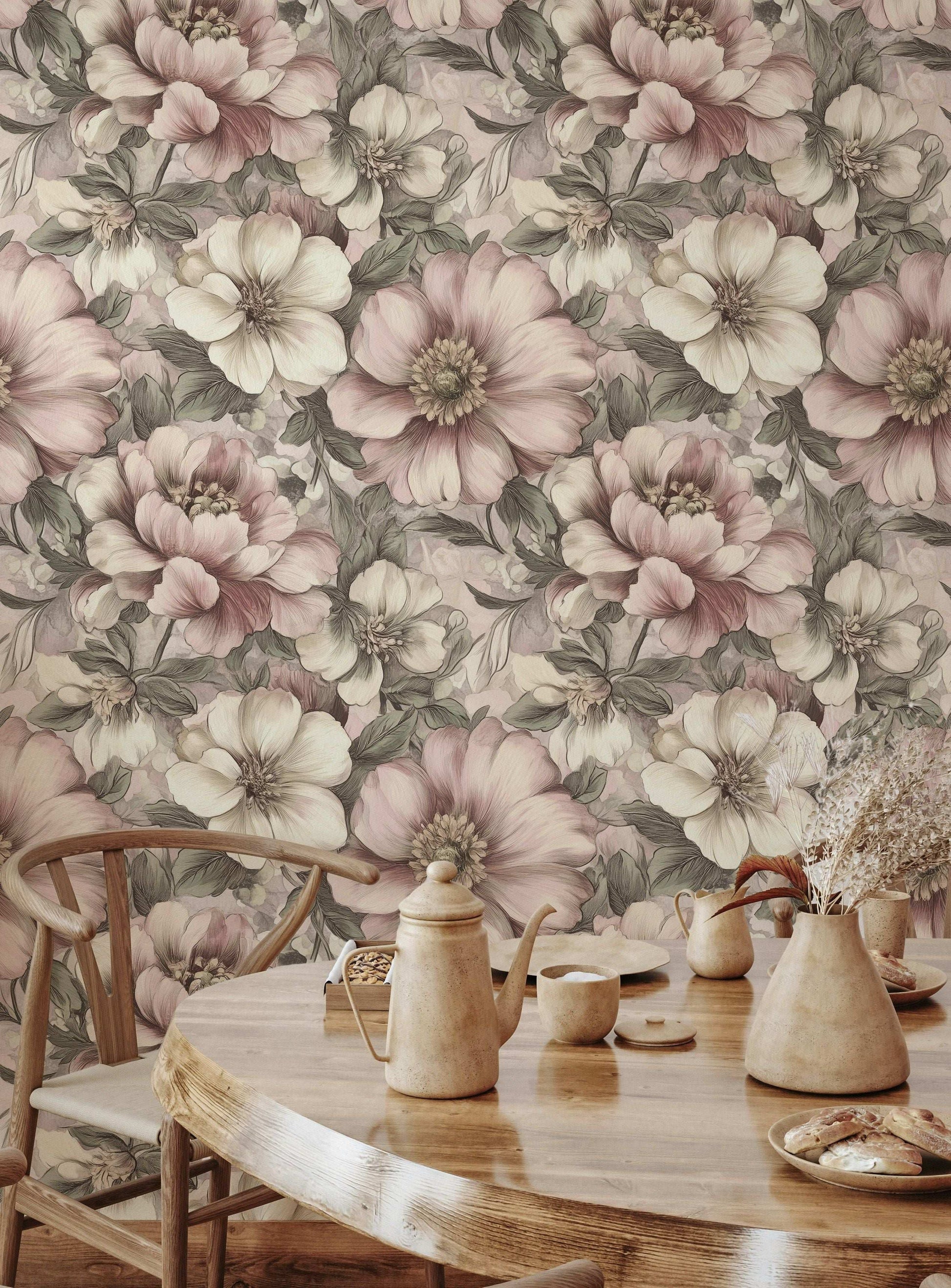 Soft Floral Peel and Stick Wallpaper Vintage-Inspired Pastel Flower Wall Mural Peel Stick Roll