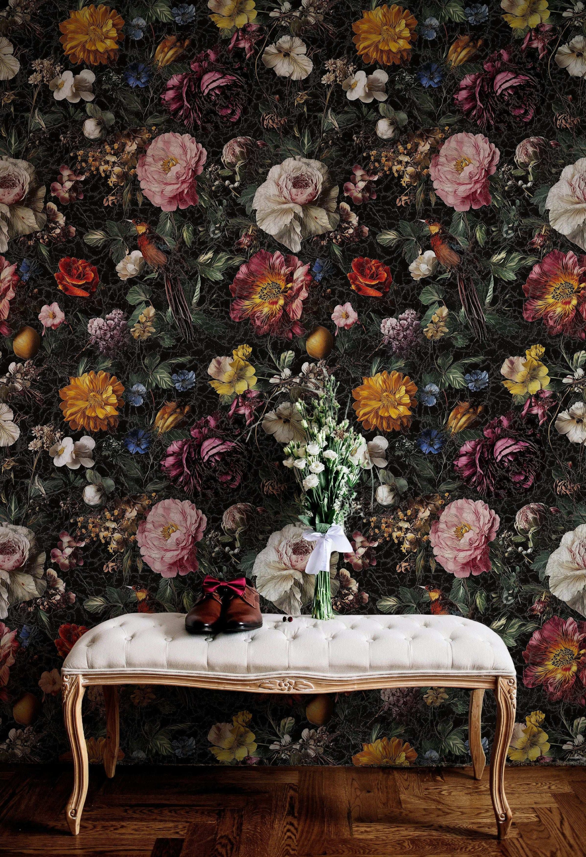 Luxurious Vintage Peony Floral Wallpaper Dark Botanical Peel and Stick Wall Mural