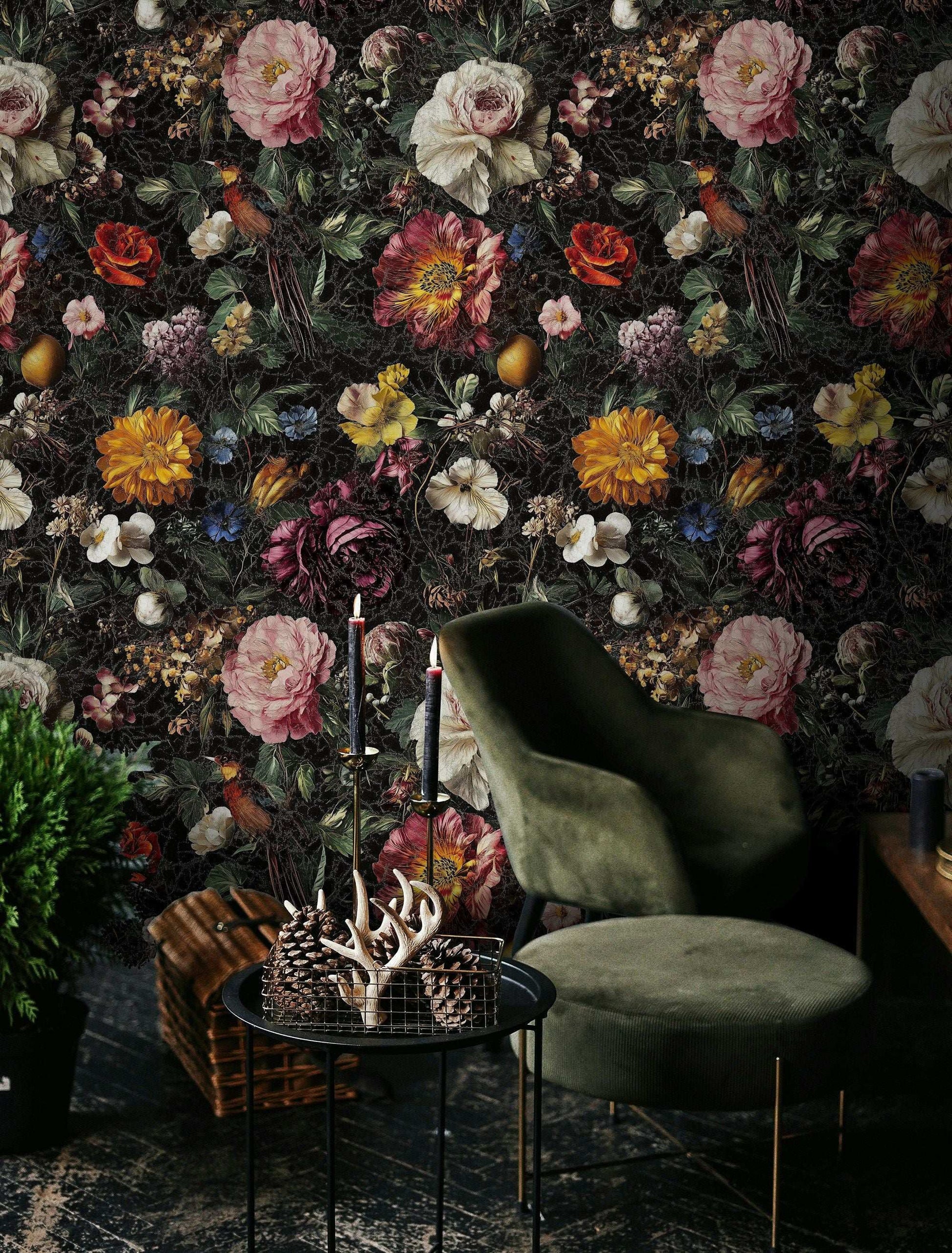 Luxurious Vintage Peony Floral Wallpaper Dark Botanical Peel and Stick Wall Mural