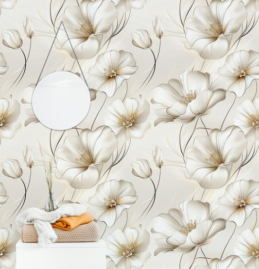 Elegant Ivory Floral Wallpaper Soft Botanical Wall Mural