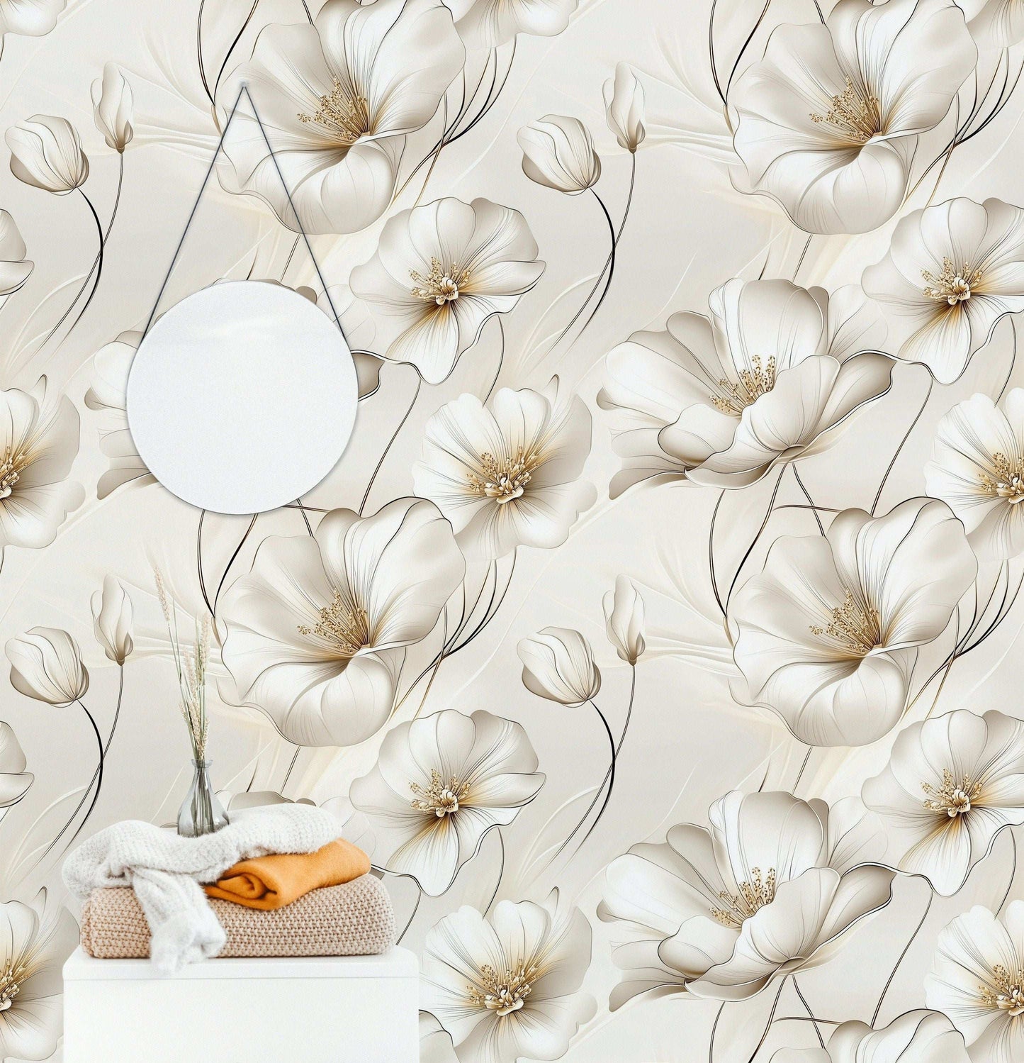 Elegant Ivory Floral Wallpaper Soft Botanical Peel and Stick Wall Mural Luxurious Flower Pattern