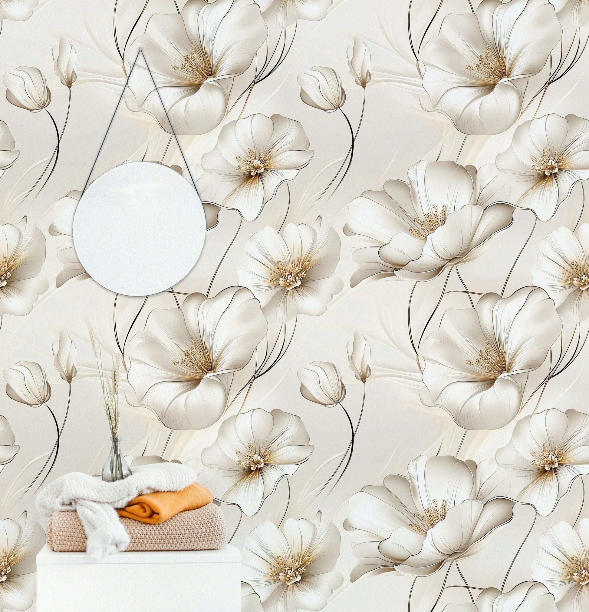 Elegant Ivory Floral Wallpaper Soft Botanical Peel and Stick Wall Mural Luxurious Flower Pattern