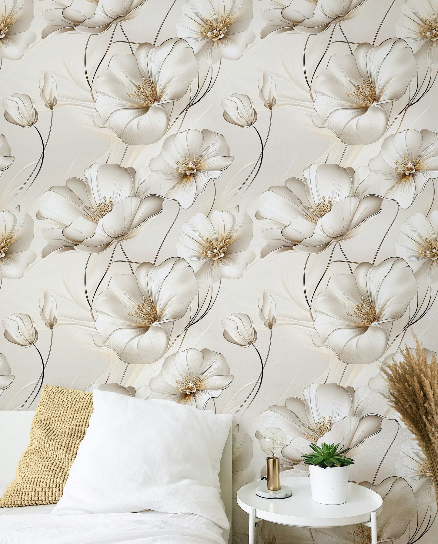 Elegant Ivory Floral Wallpaper Soft Botanical Wall Mural
