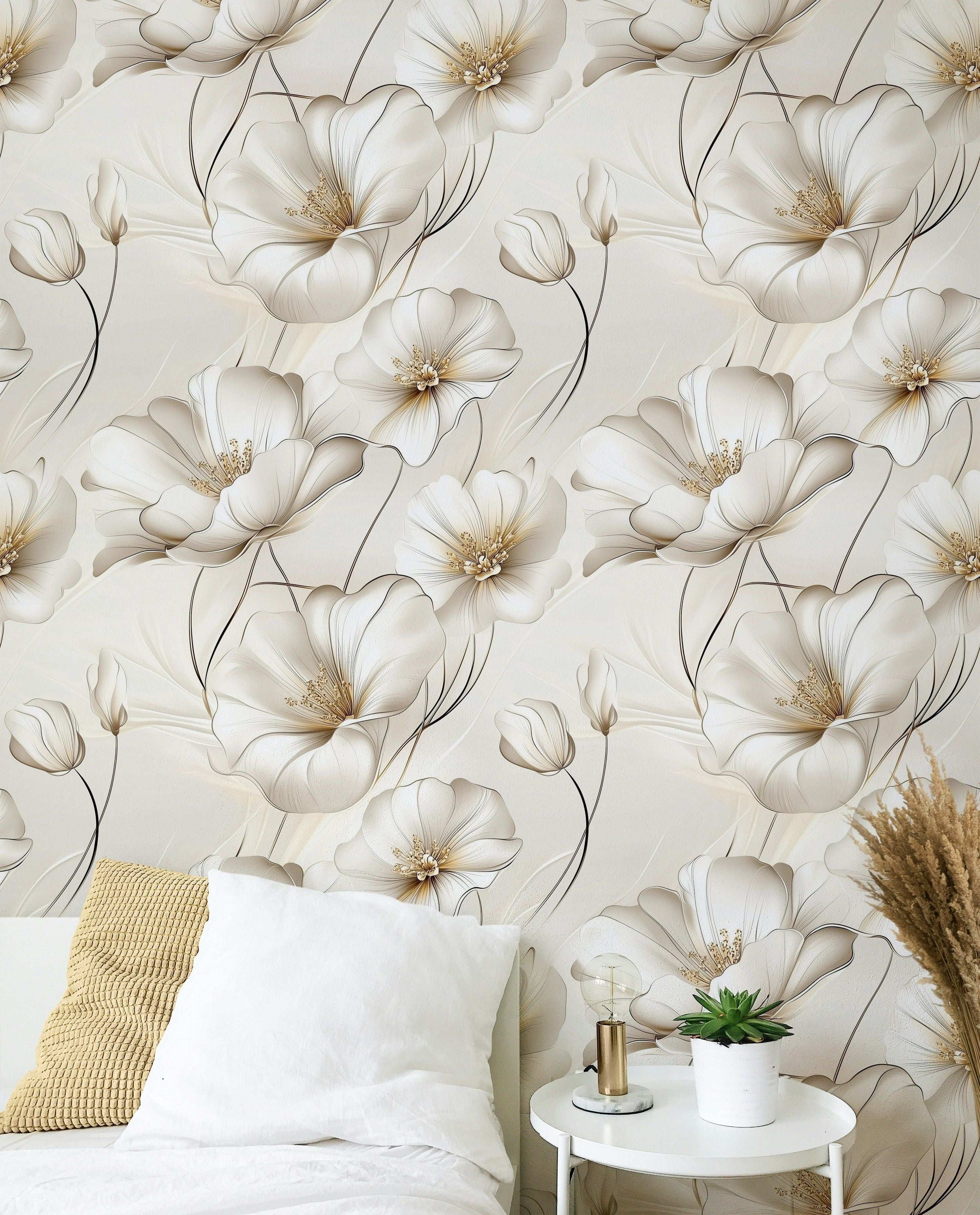 Elegant Ivory Floral Wallpaper Soft Botanical Peel and Stick Wall Mural Luxurious Flower Pattern