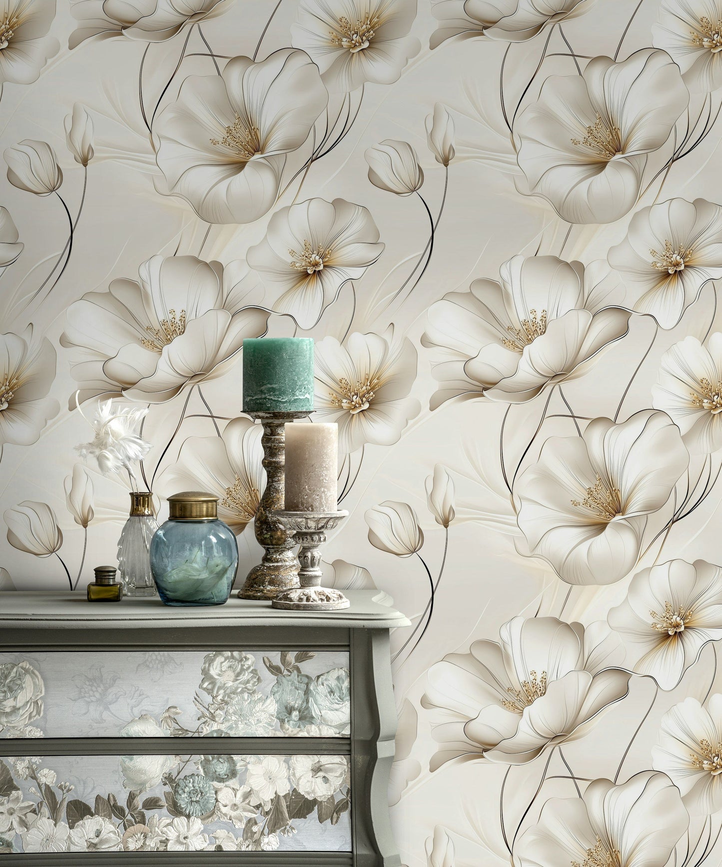Elegant Ivory Floral Wallpaper Soft Botanical Wall Mural