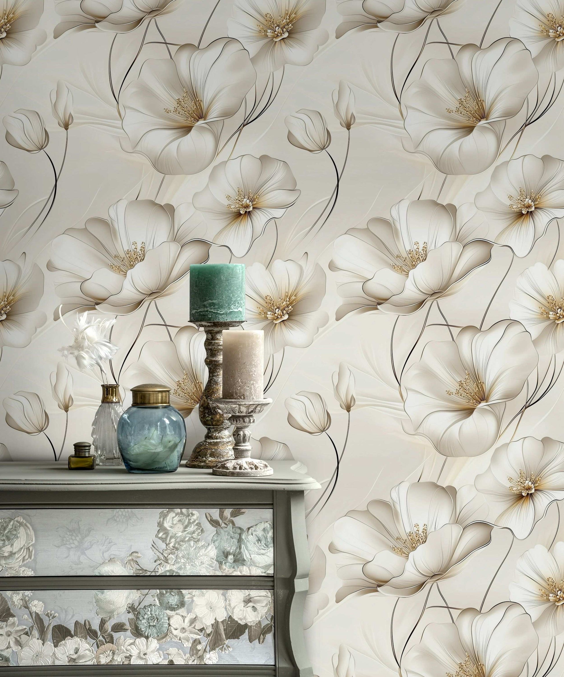 Elegant Ivory Floral Wallpaper Soft Botanical Peel and Stick Wall Mural Luxurious Flower Pattern