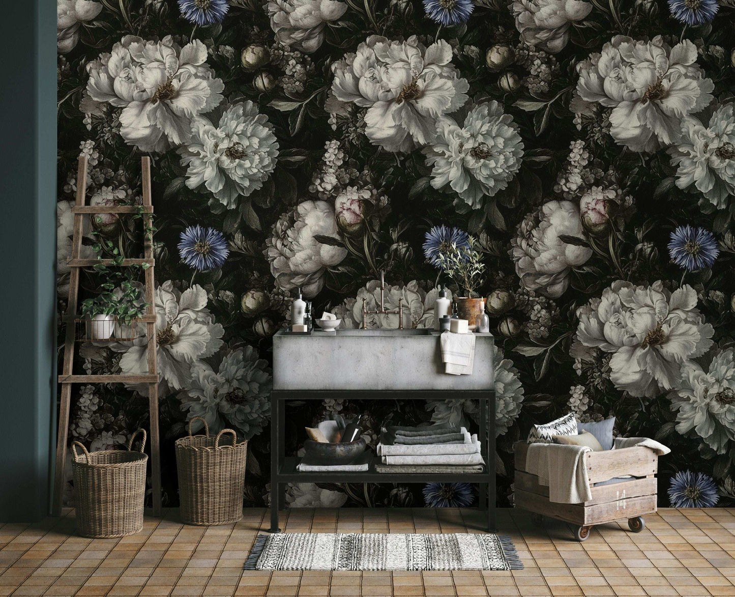 Classic Still Life Wallpaper Peel and Stick White Peonies and Blue Asters Elegant Floral Design