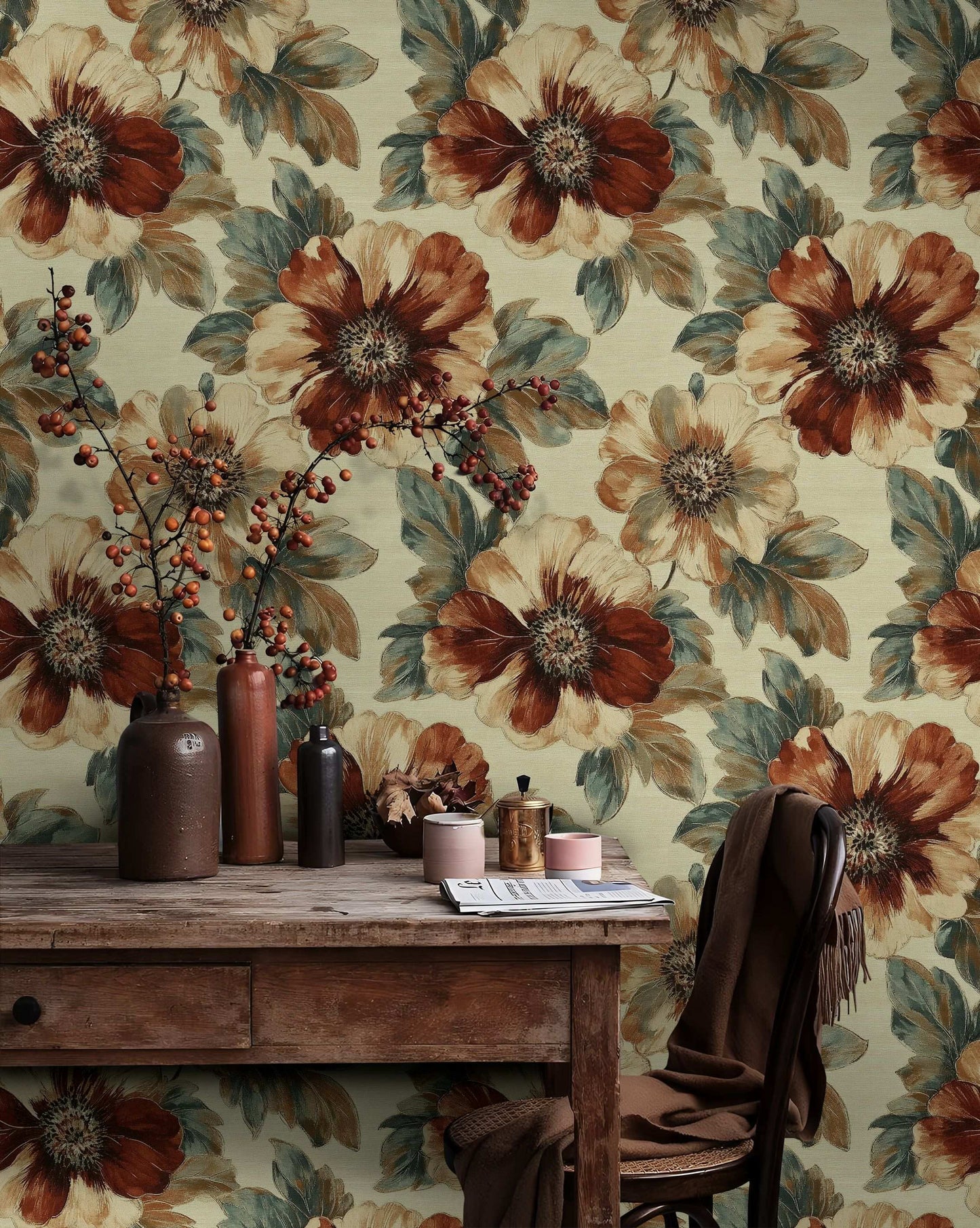 Vintage Floral Peel and Stick Wallpaper Large Flowers Wall Mural Peel and Stick Roll