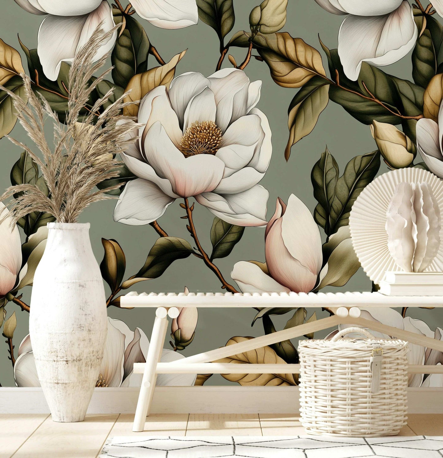 Elegant Magnolia Flower Wallpaper in Soft Sage Green Detailed Floral Peel and Stick Wall Mural