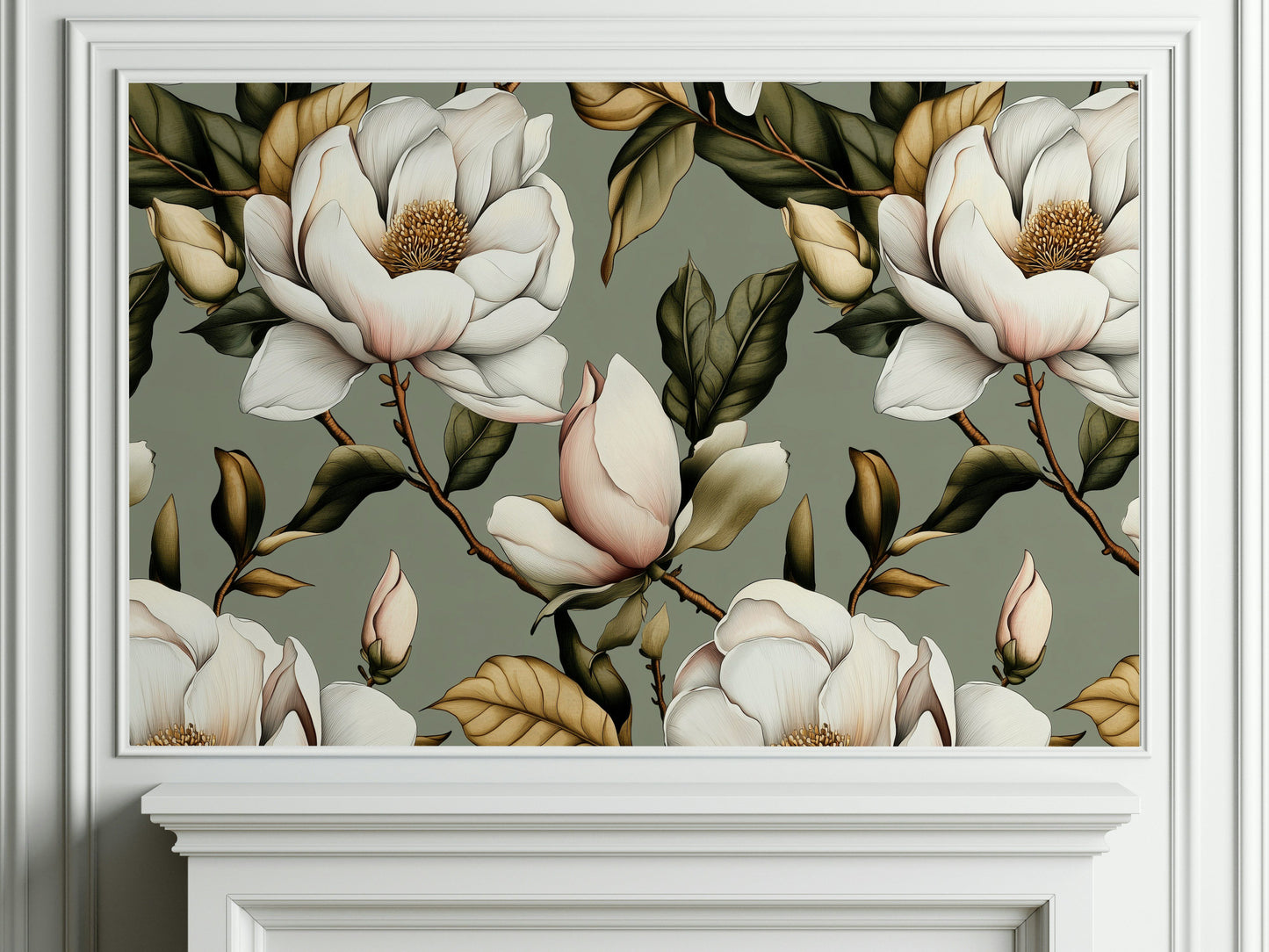 Elegant Magnolia Flower Wallpaper Sage Green Wall Mural