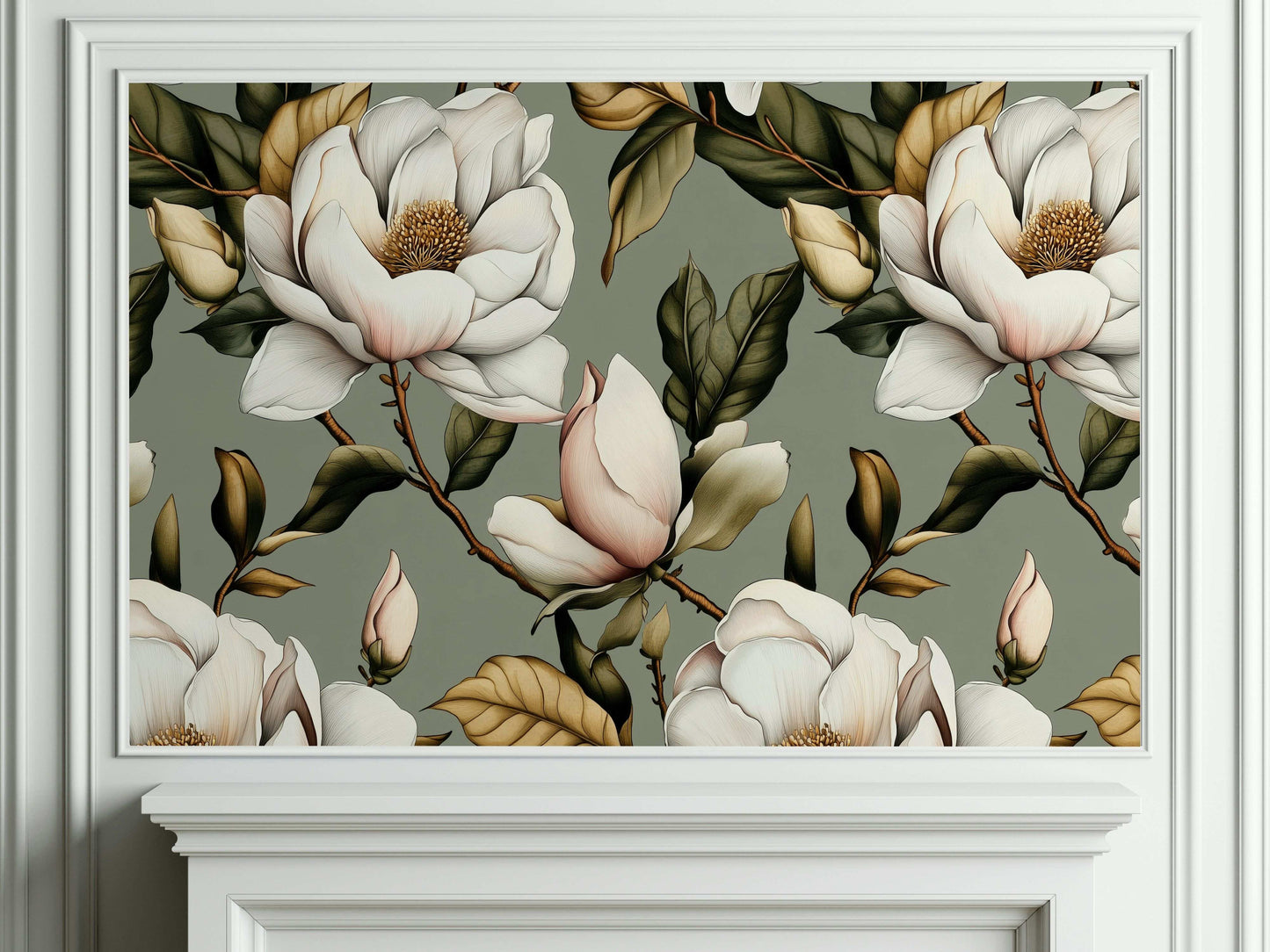 Elegant Magnolia Flower Wallpaper in Soft Sage Green Detailed Floral Peel and Stick Wall Mural