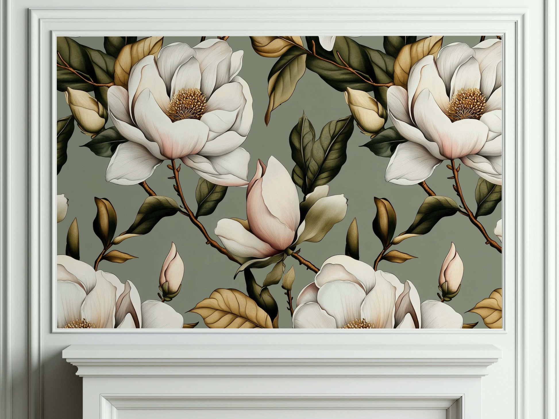 Elegant Magnolia Flower Wallpaper in Soft Sage Green Detailed Floral Peel and Stick Wall Mural