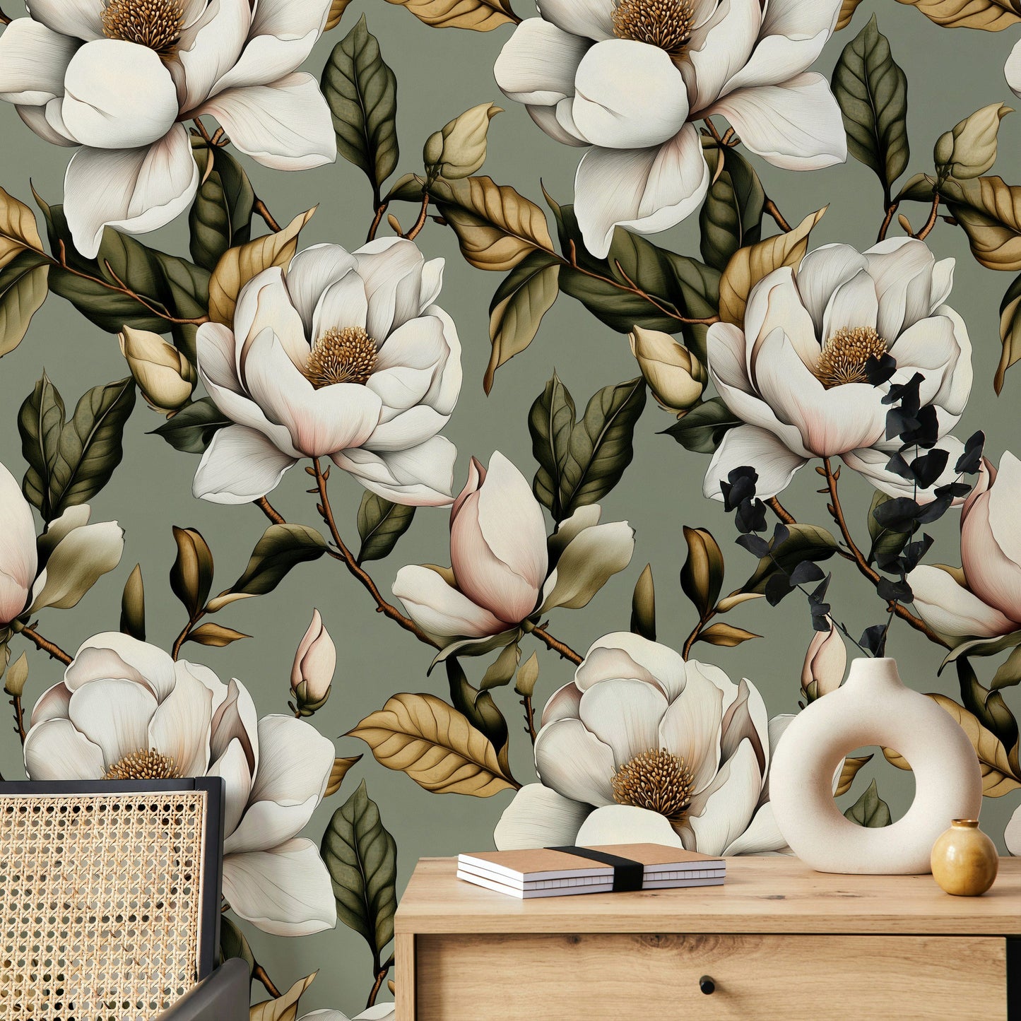 Elegant Magnolia Flower Wallpaper Sage Green Wall Mural