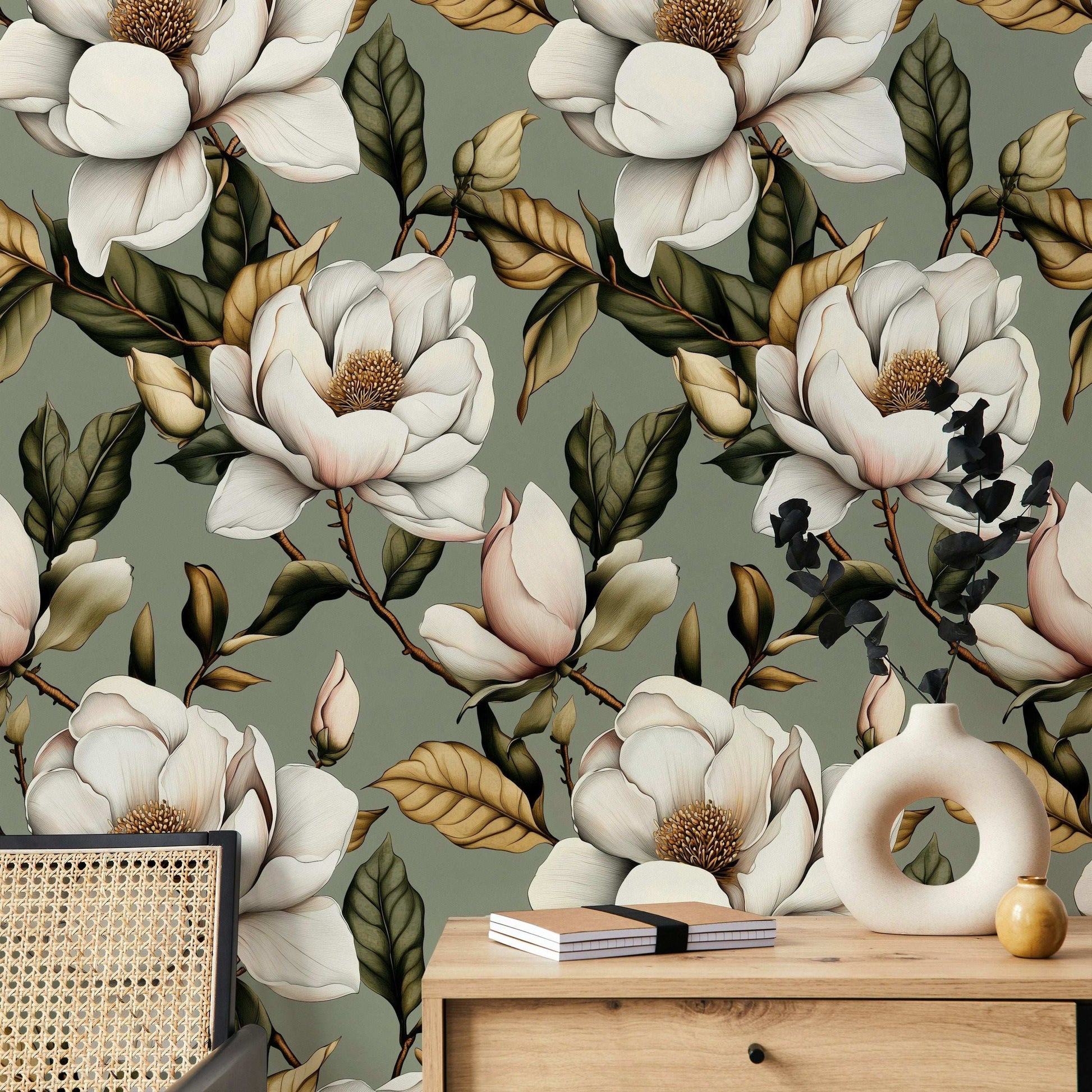 Elegant Magnolia Flower Wallpaper in Soft Sage Green Detailed Floral Peel and Stick Wall Mural