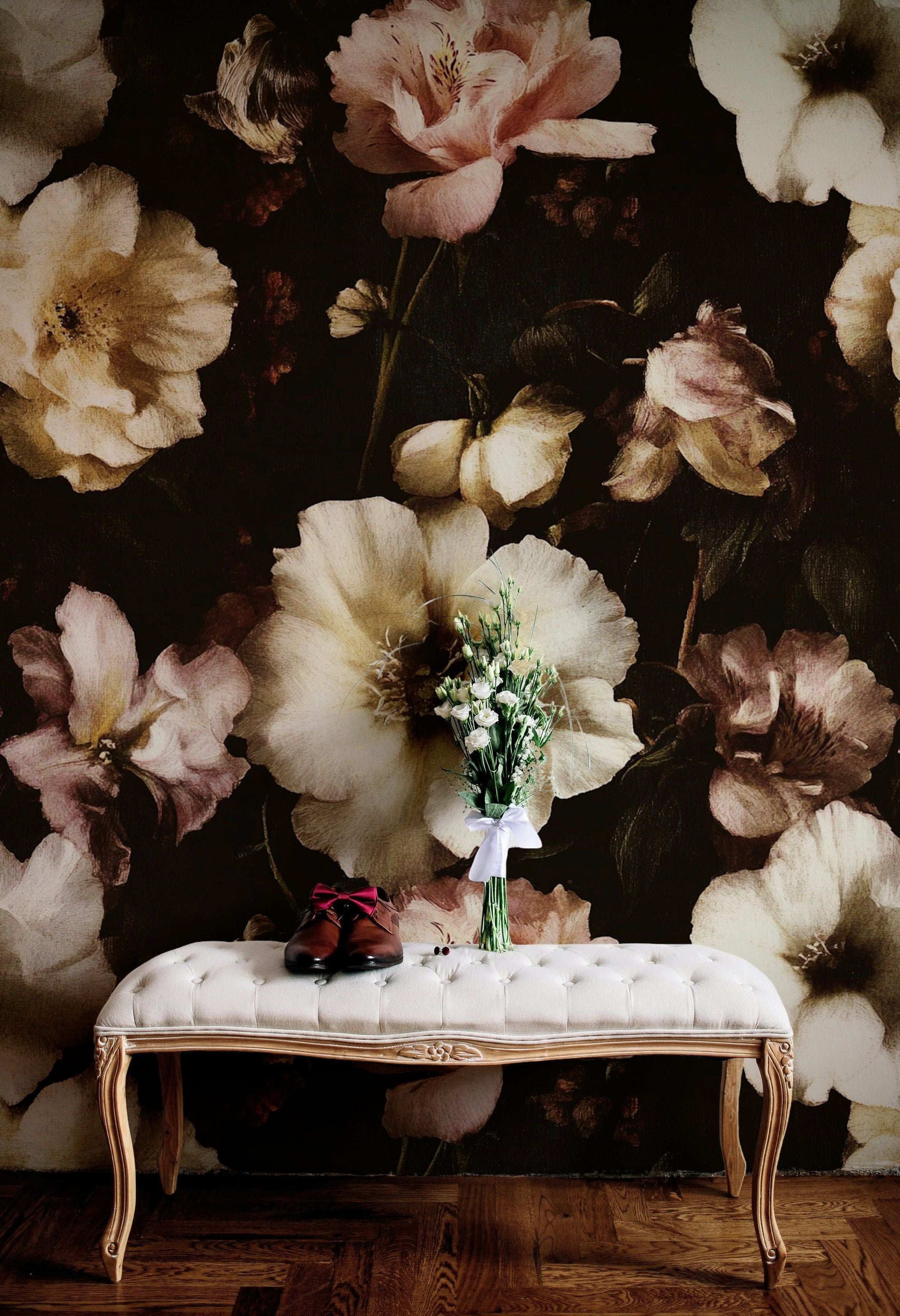 Dark Floral Peel and Stick Wallpaper Moody Vintage-Inspired Wall Mural Peel Stick Roll