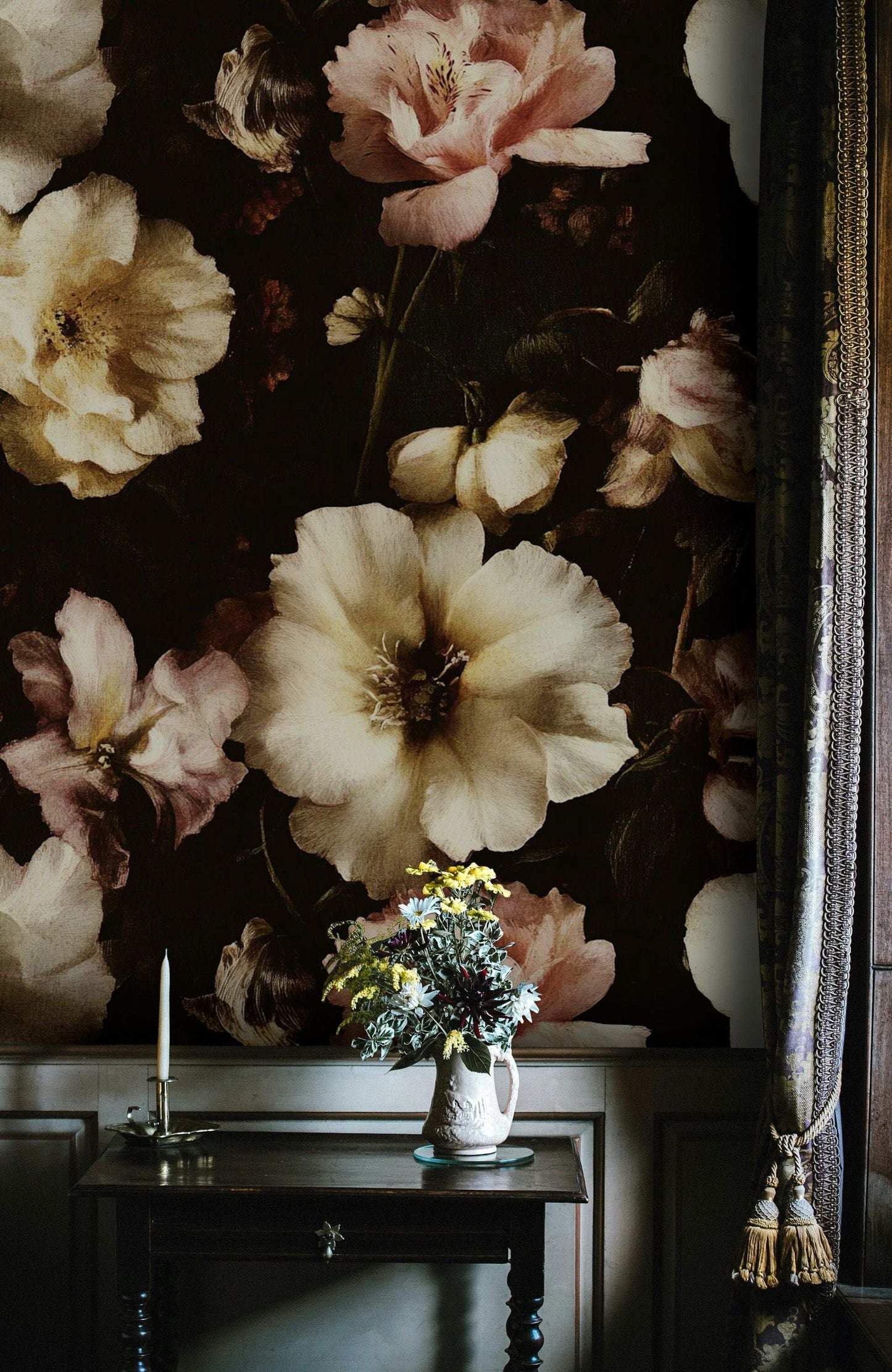 Dark Floral Peel and Stick Wallpaper Moody Vintage-Inspired Wall Mural Peel Stick Roll