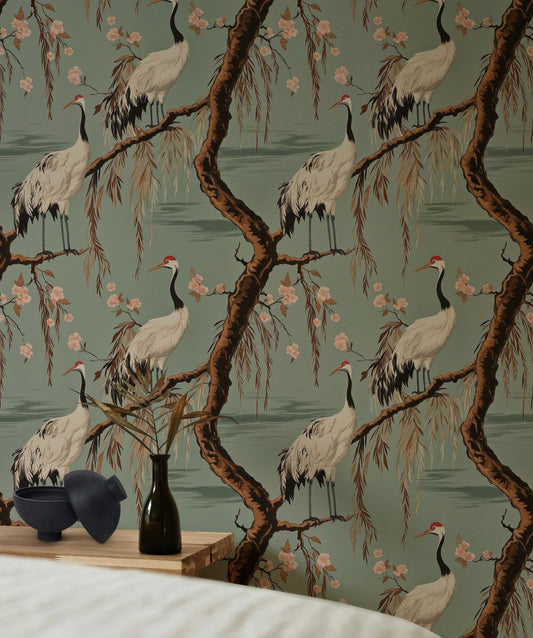 Crane and Cherry Blossom Wallpaper Asian-Inspired Wall Mural