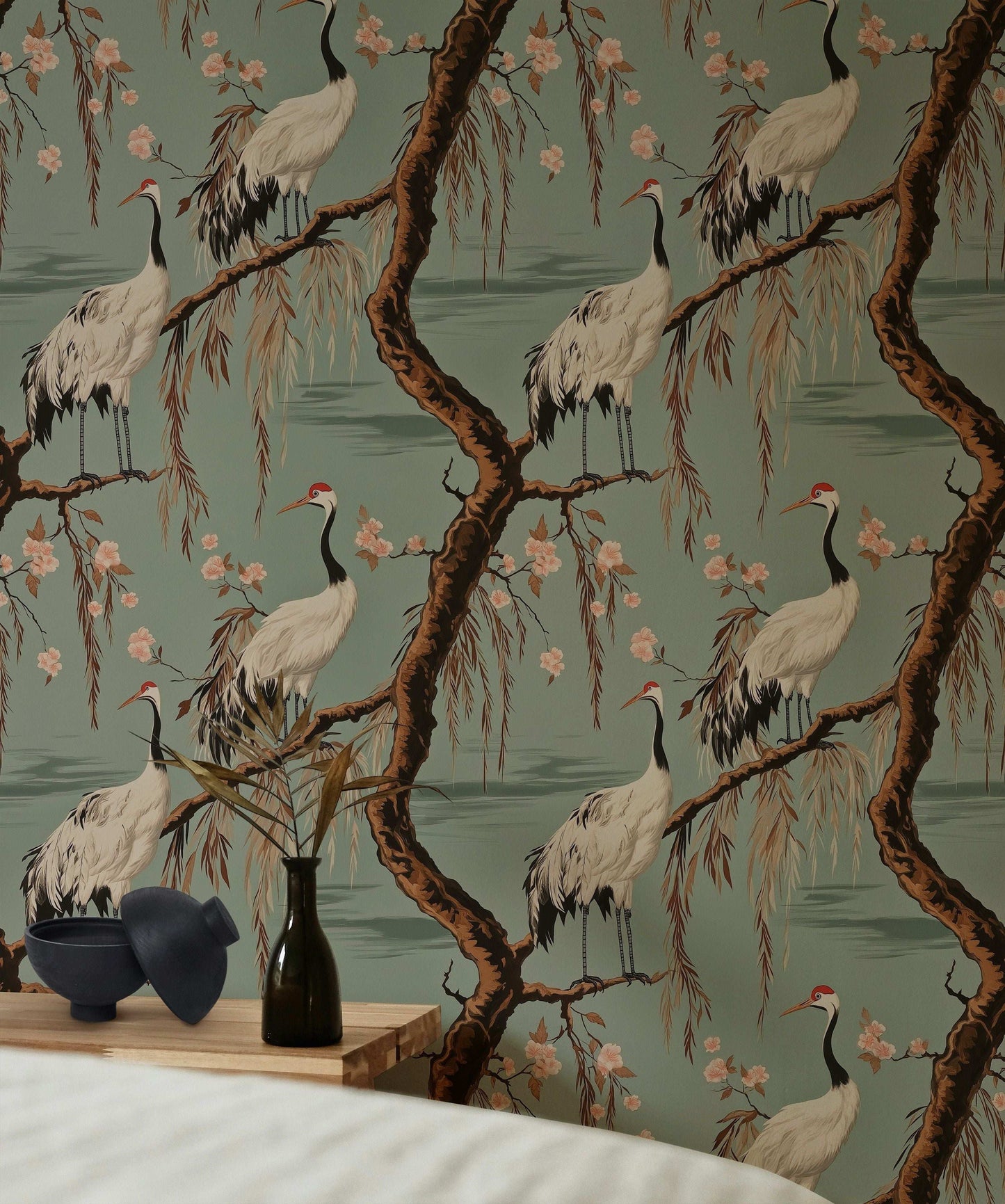 Elegant Crane and Cherry Blossom Peel and Stick Wallpaper Asian-Inspired Wall Mural