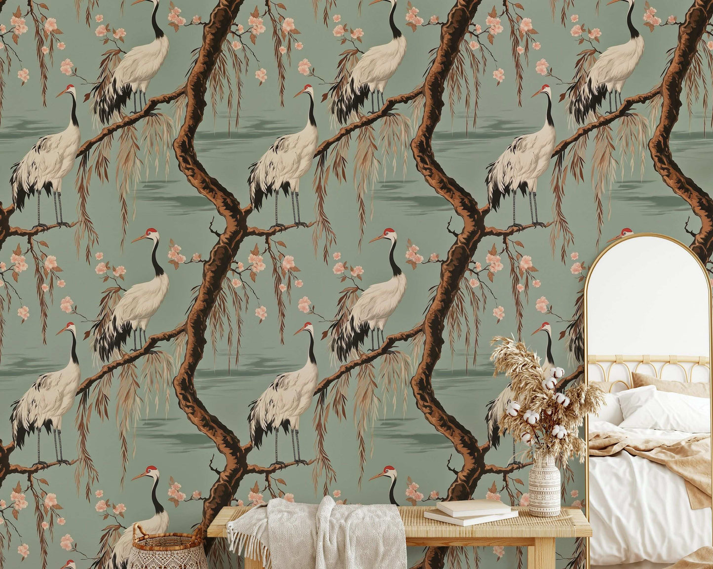 Elegant Crane and Cherry Blossom Peel and Stick Wallpaper Asian-Inspired Wall Mural