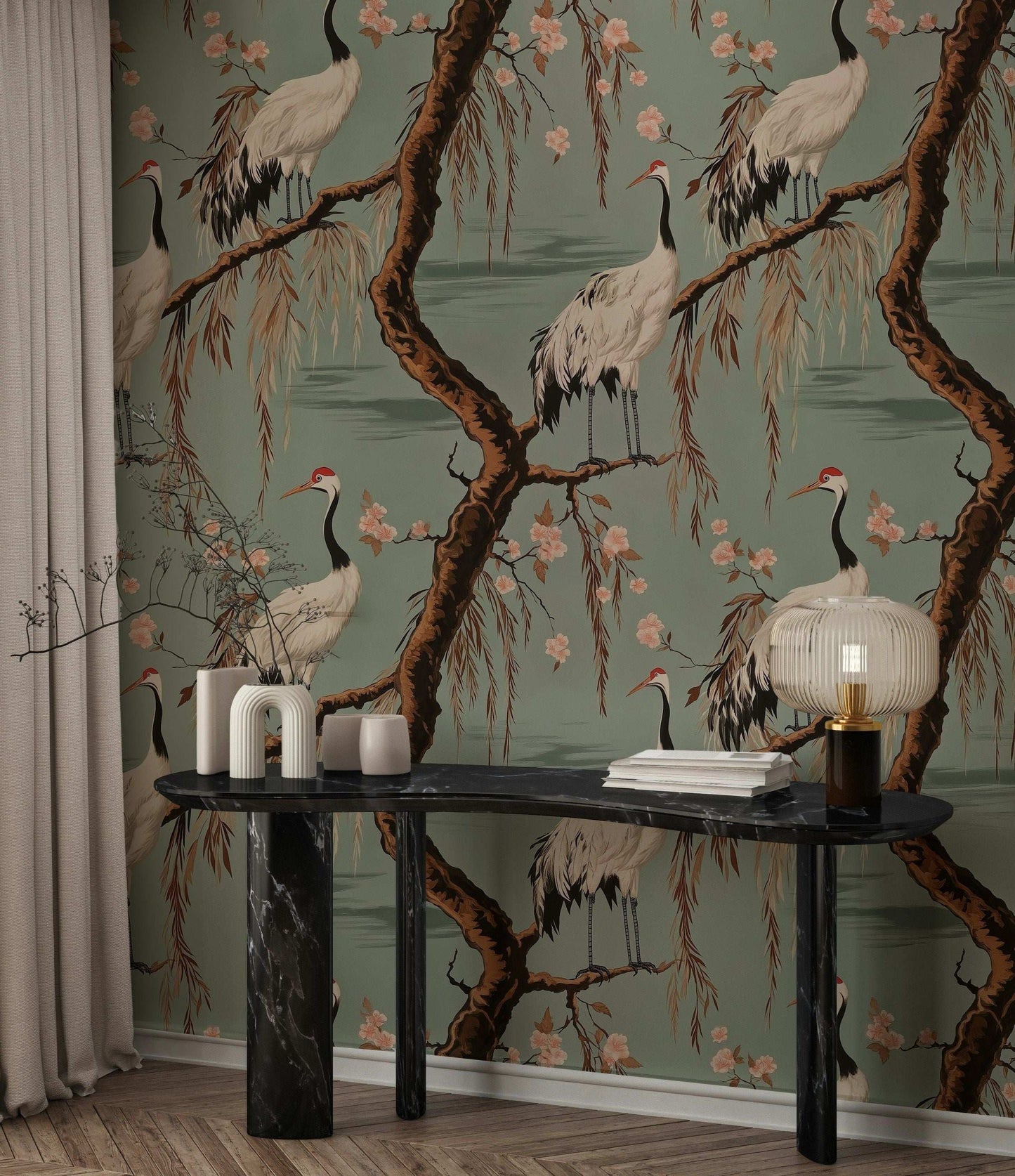 Elegant Crane and Cherry Blossom Peel and Stick Wallpaper Asian-Inspired Wall Mural