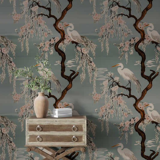 Japanese Crane & Cherry Blossom Wallpaper Willow Wall Mural