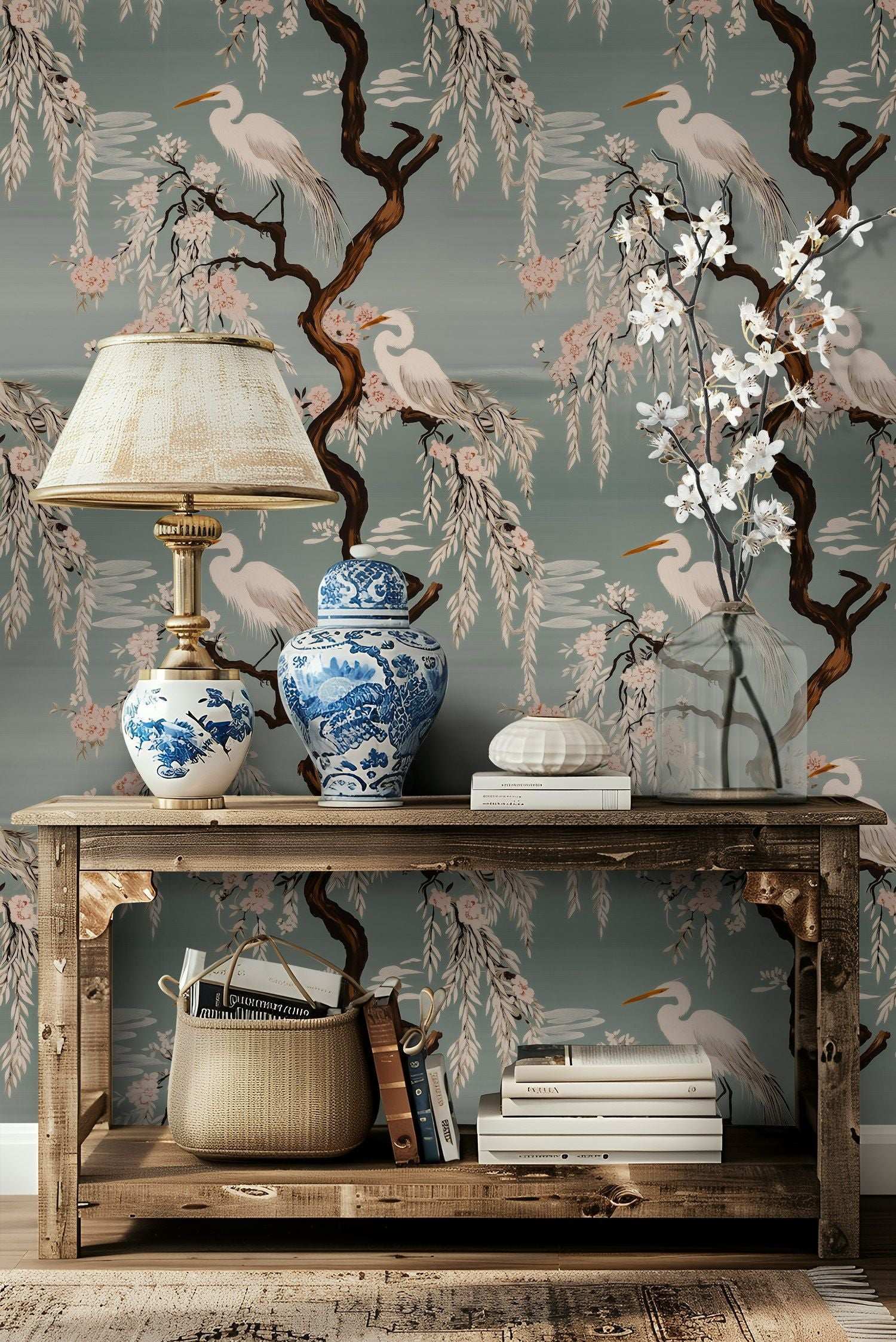 Japanese Crane & Cherry Blossom Wallpaper Elegant Willow Wall Mural