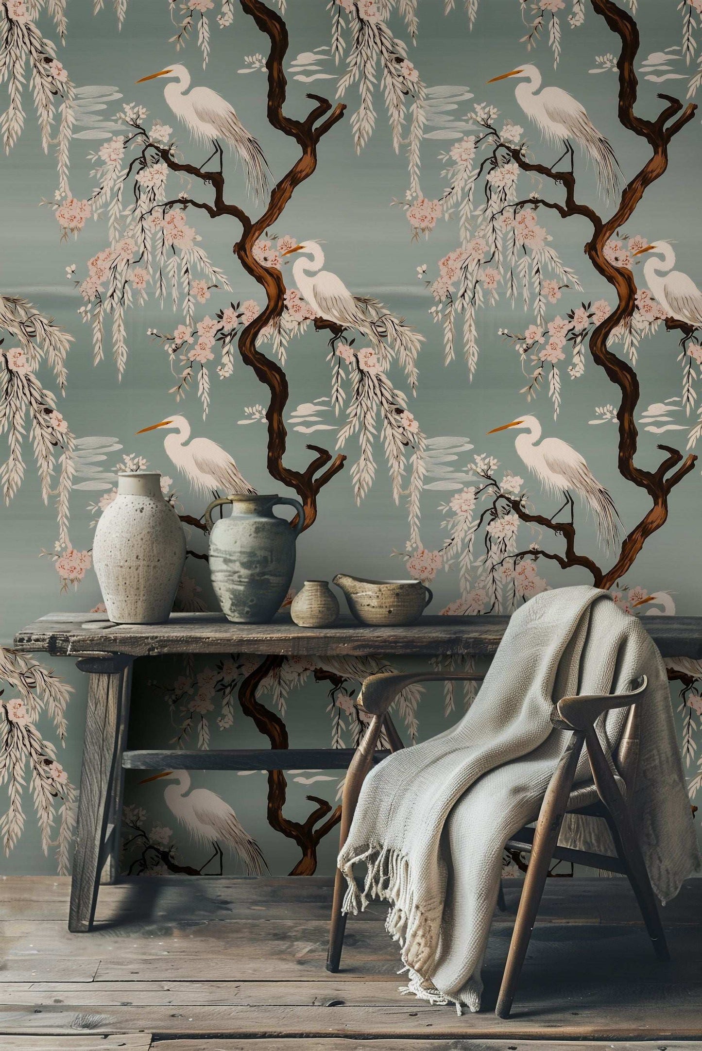 Japanese Crane & Cherry Blossom Wallpaper Elegant Willow Wall Mural