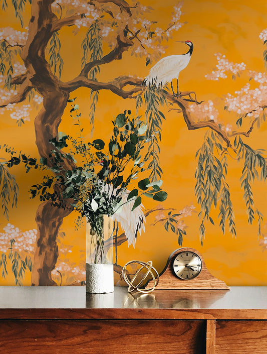 Vibrant Crane and Cherry Blossom Wallpaper Asian Style Decor