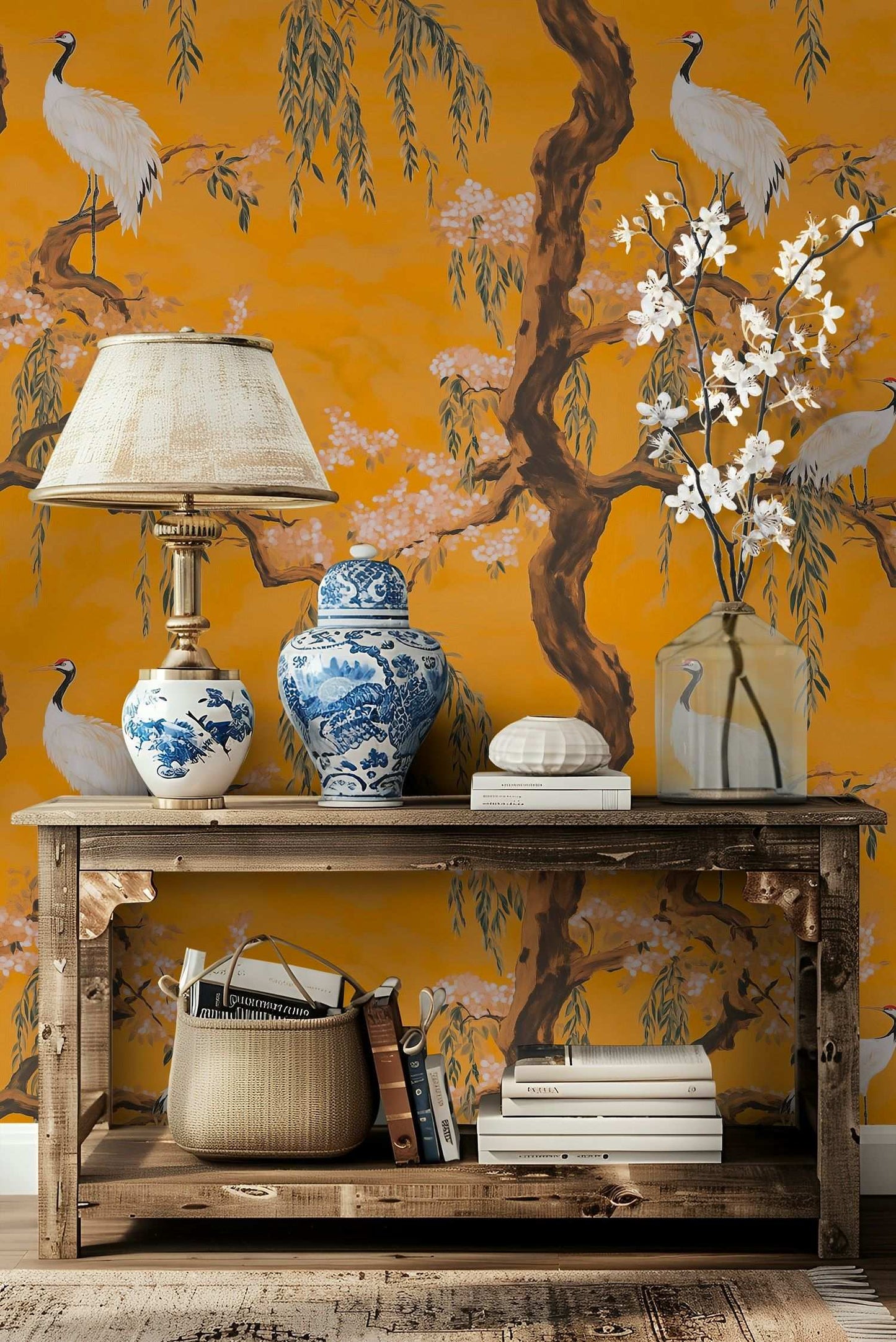 Vibrant Crane and Cherry Blossom Peel and Stick Wallpaper Asian Style Wall Mural