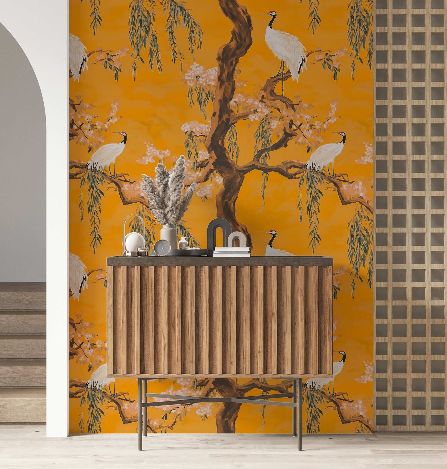 Vibrant Crane and Cherry Blossom Peel and Stick Wallpaper Asian Style Wall Mural